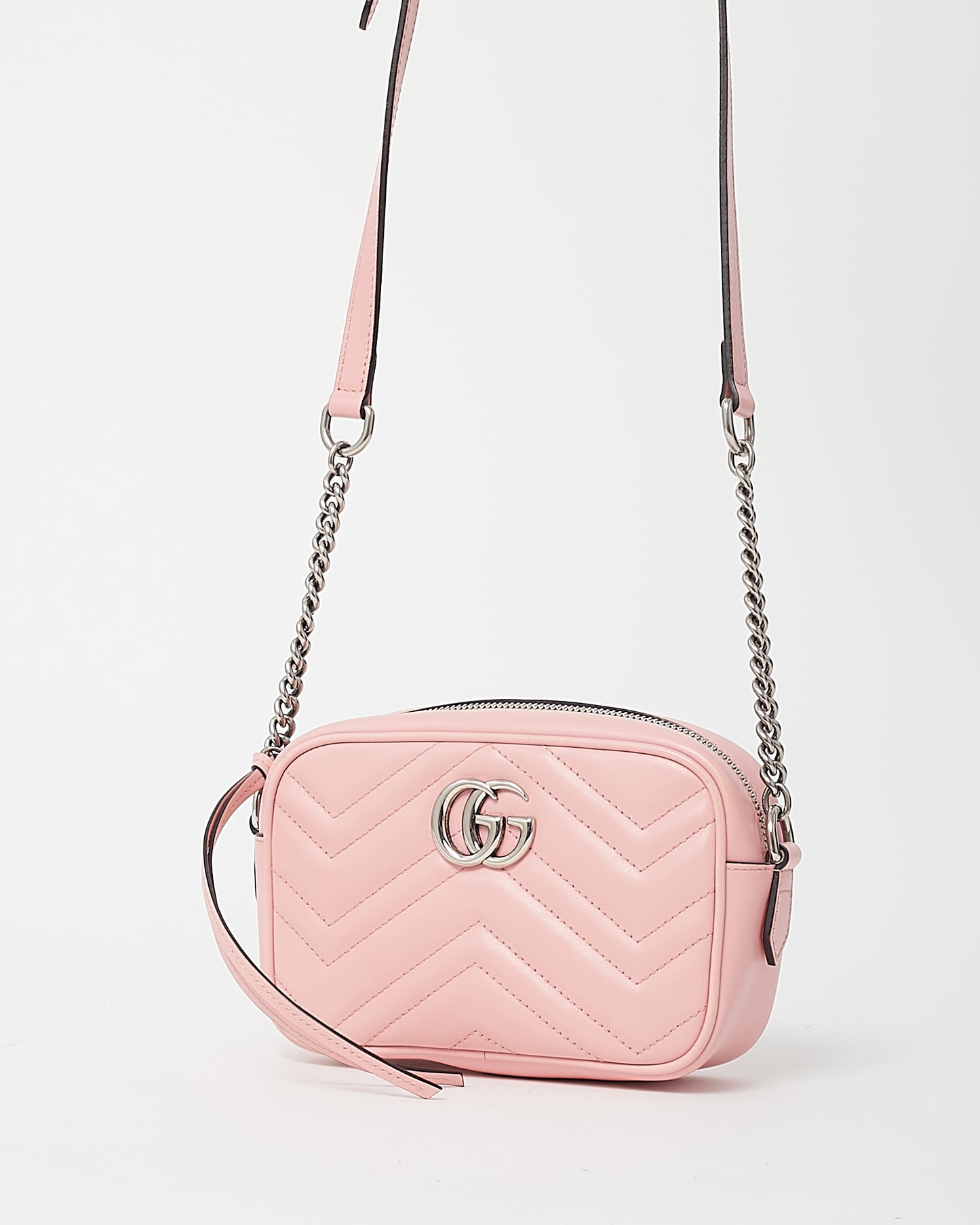 Gucci Pink Chevron Leather Mini Marmont Camera Bag SHW