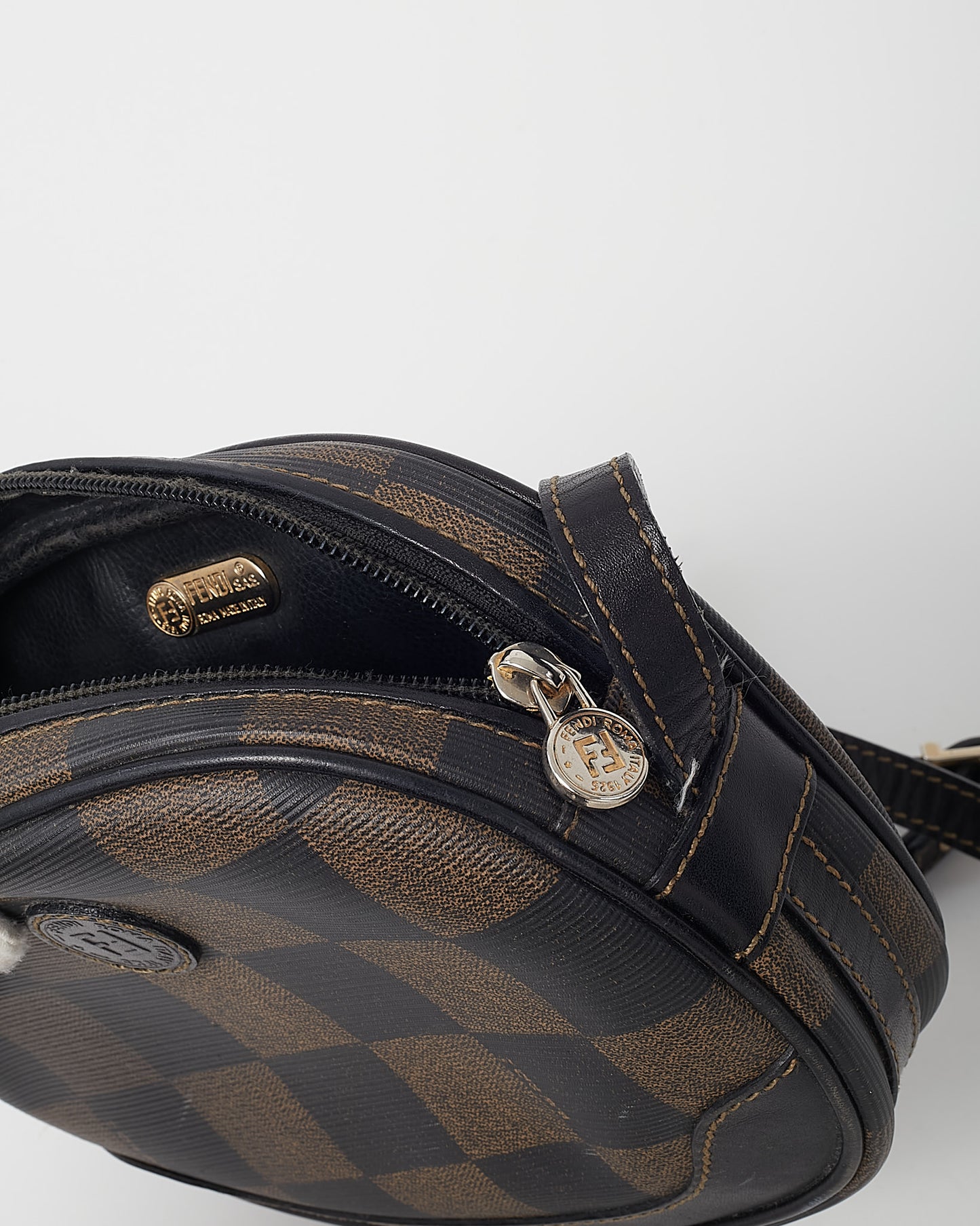 Fendi Vintage Brown Pequin Check Coated Canvas Mini Round Crossbody Bag