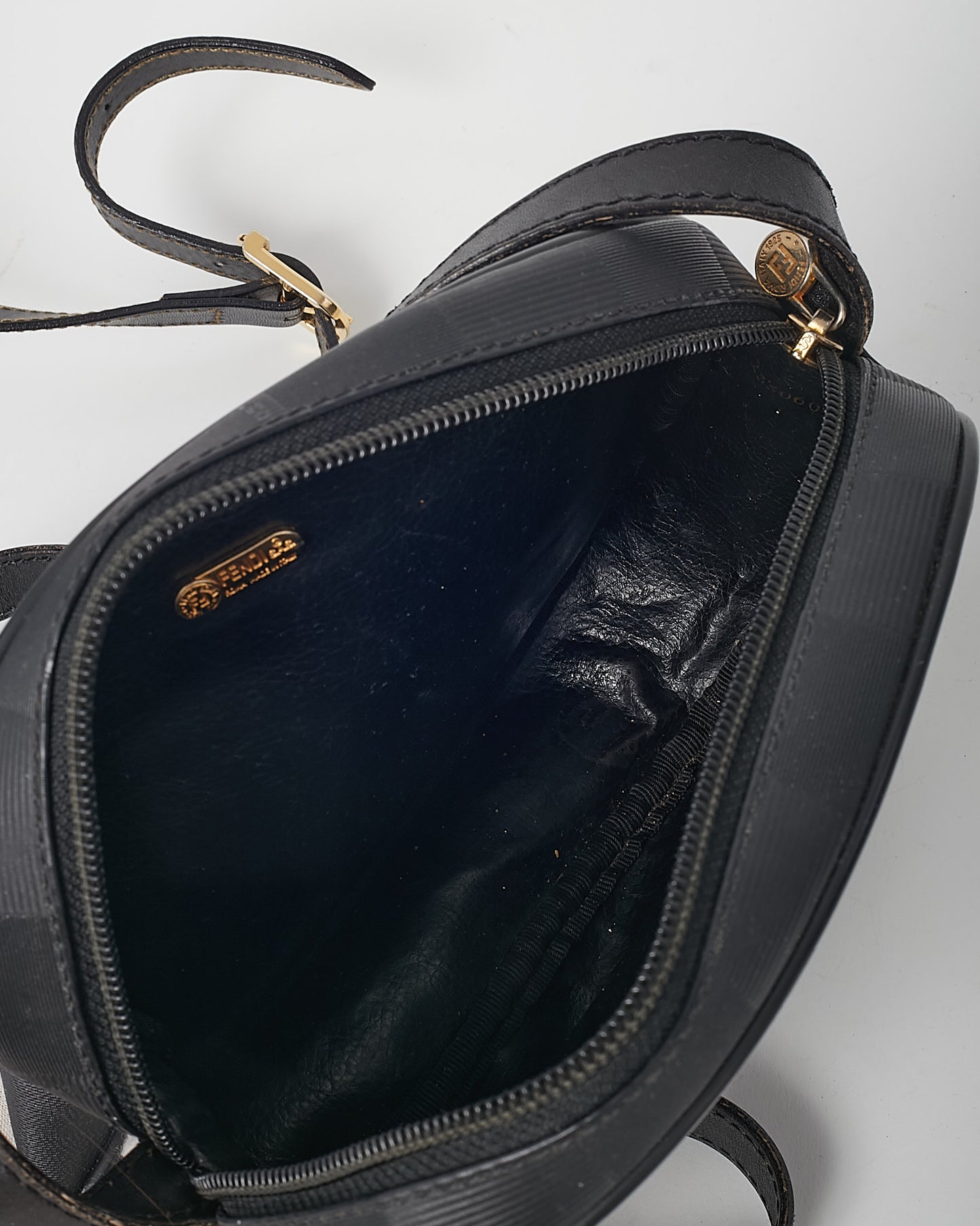 Fendi Vintage Black Pequin Stripe Coated Canvas Mini Round Crossbody Bag