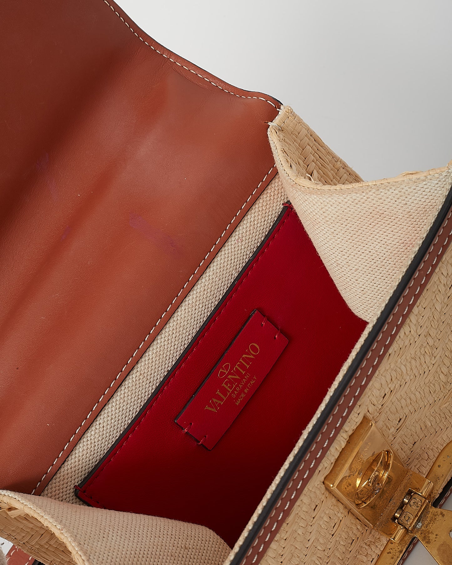 Valentino Tan Leather and Beige Raffia VLOGO Square Crossbody Bag