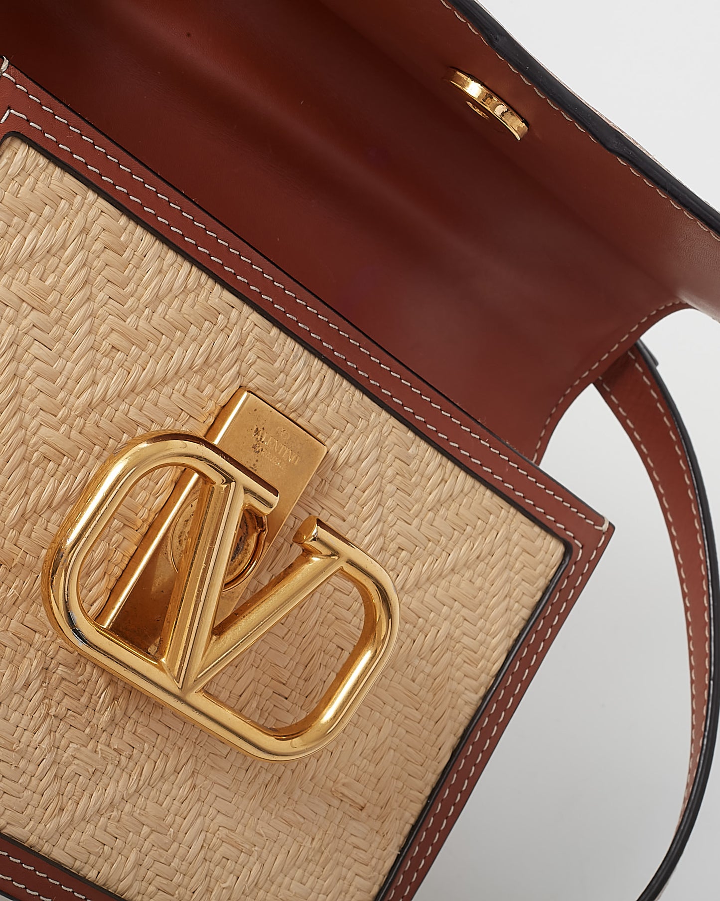 Valentino Tan Leather and Beige Raffia VLOGO Square Crossbody Bag
