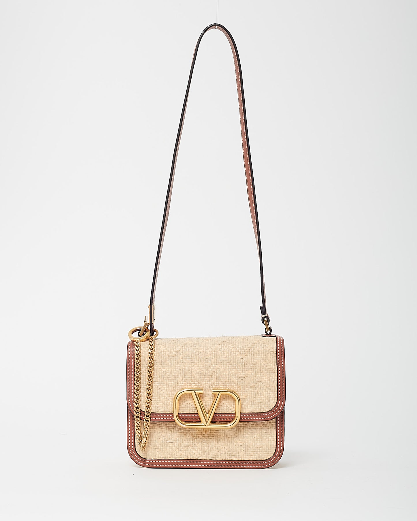 Valentino Tan Leather and Beige Raffia VLOGO Square Crossbody Bag