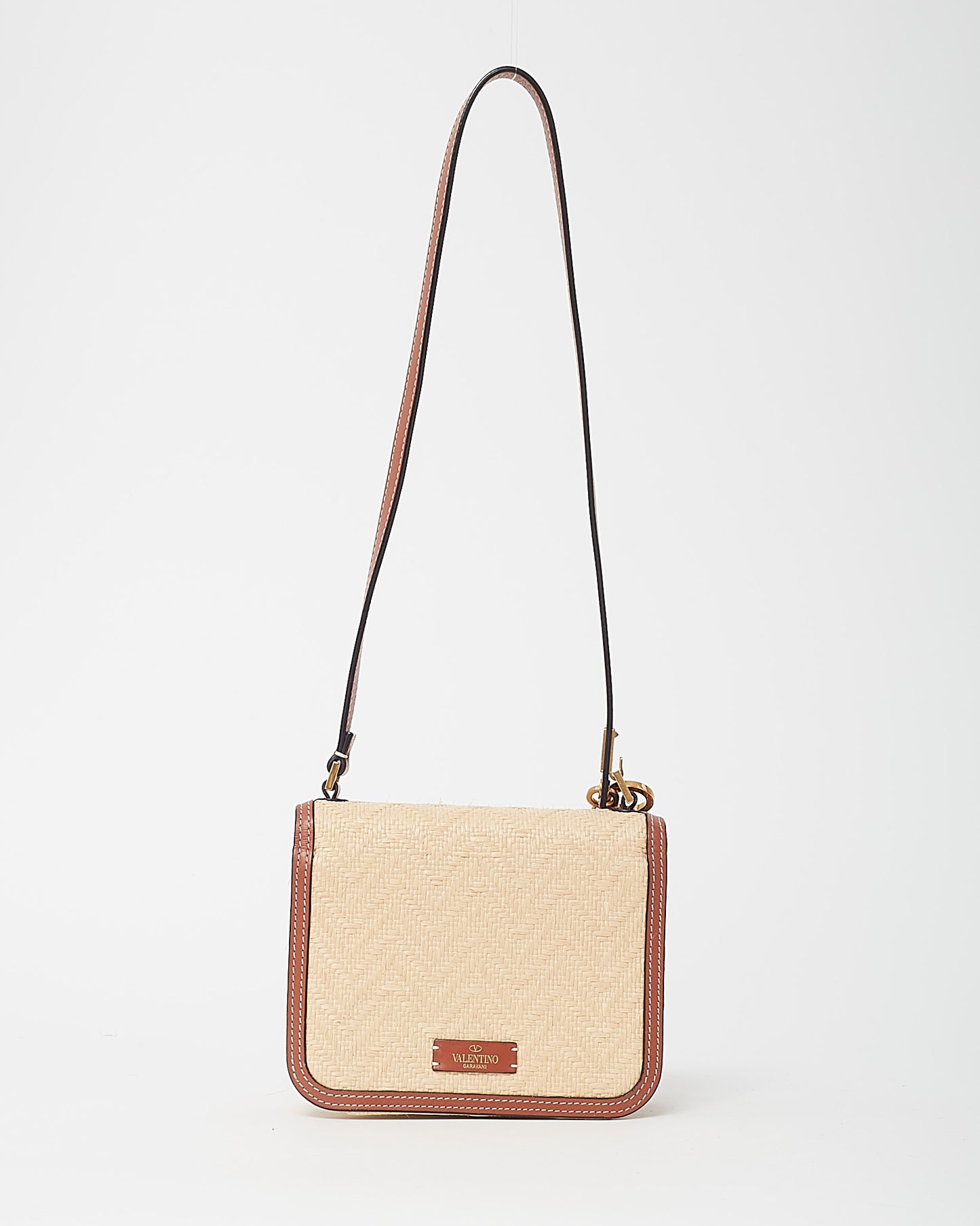 Valentino Tan Leather and Beige Raffia VLOGO Square Crossbody Bag