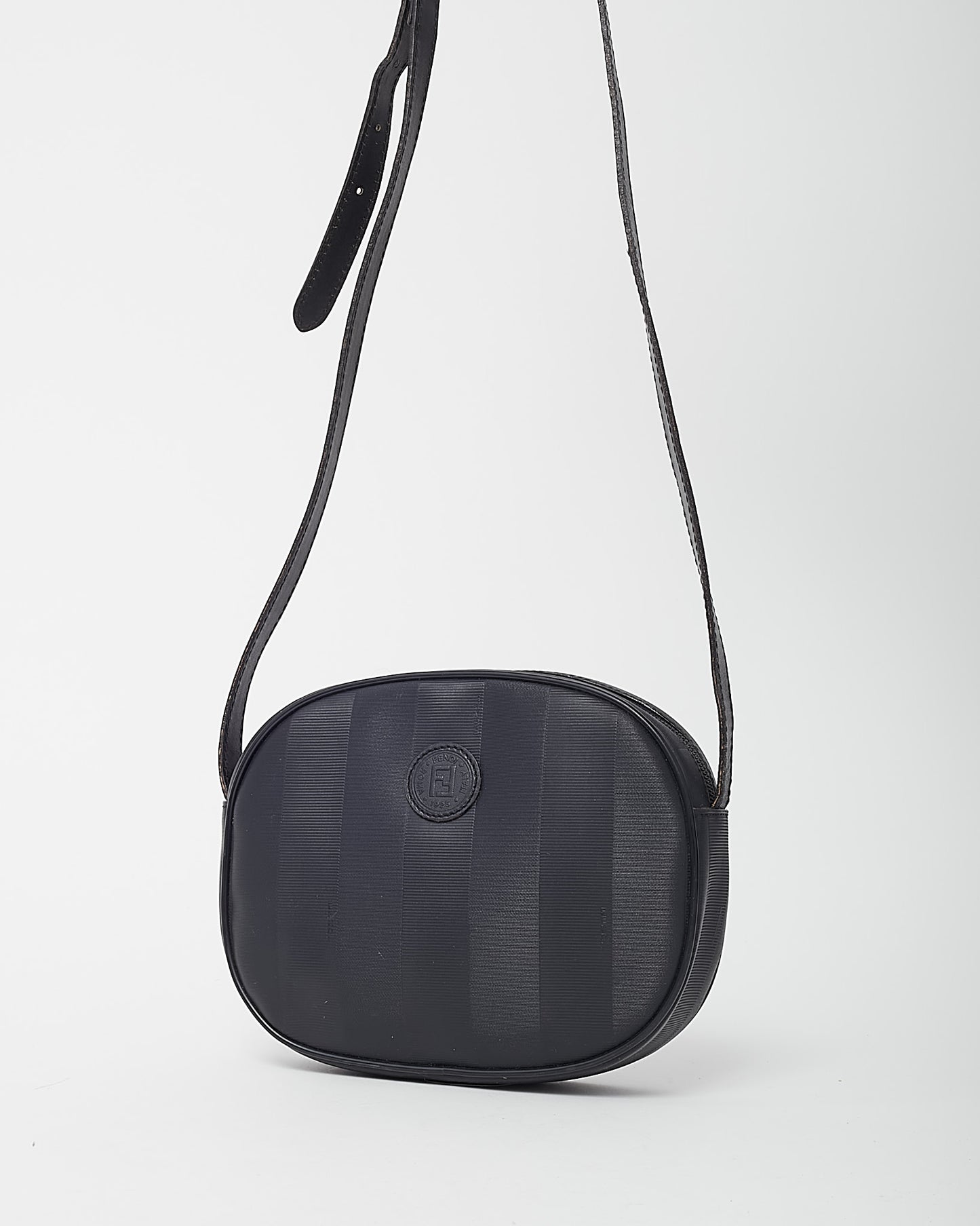 Fendi Vintage Black Pequin Stripe Coated Canvas Mini Round Crossbody Bag