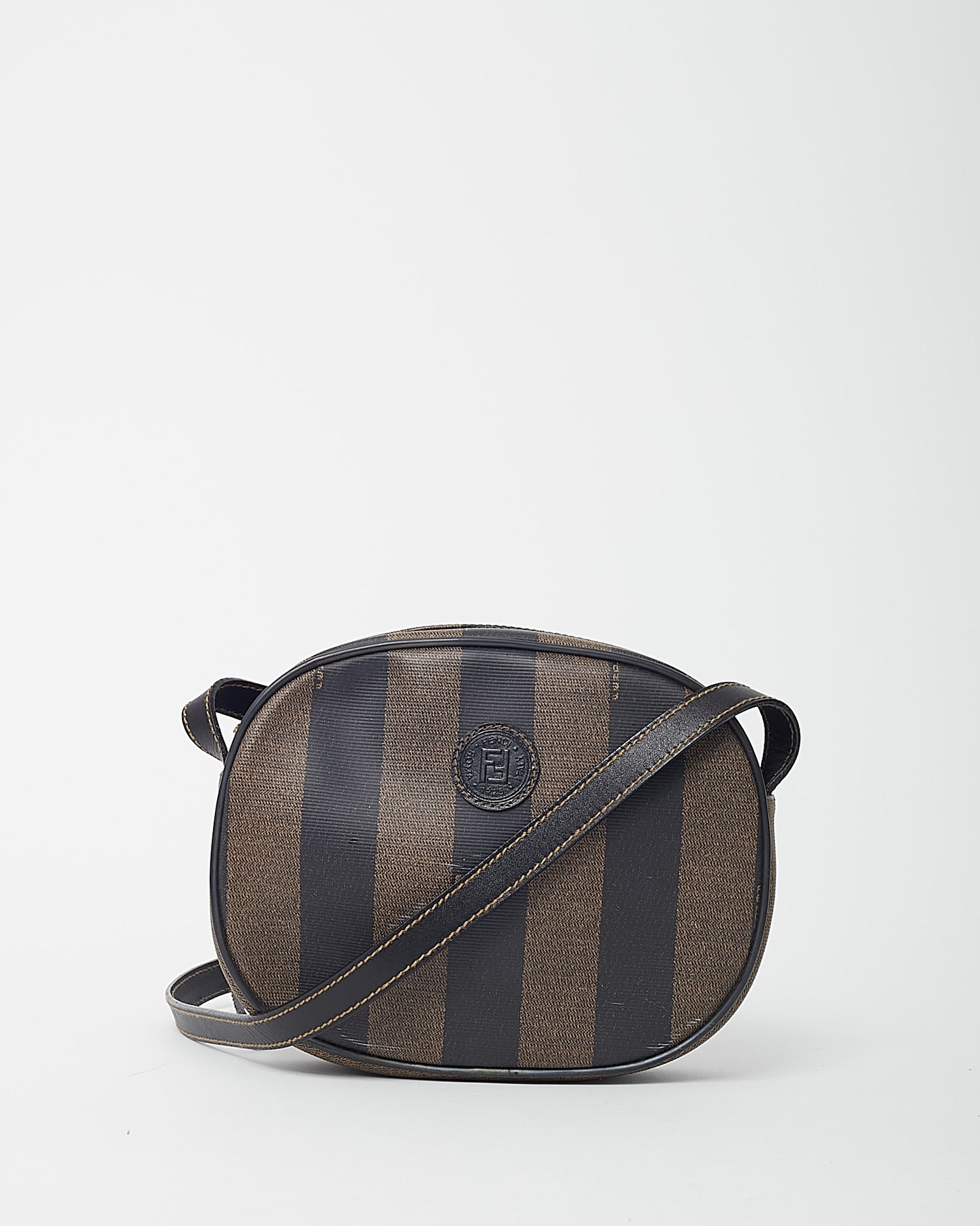 Fendi Vintage Brown Pequin Stripe Coated Canvas Mini Round Crossbody Bag