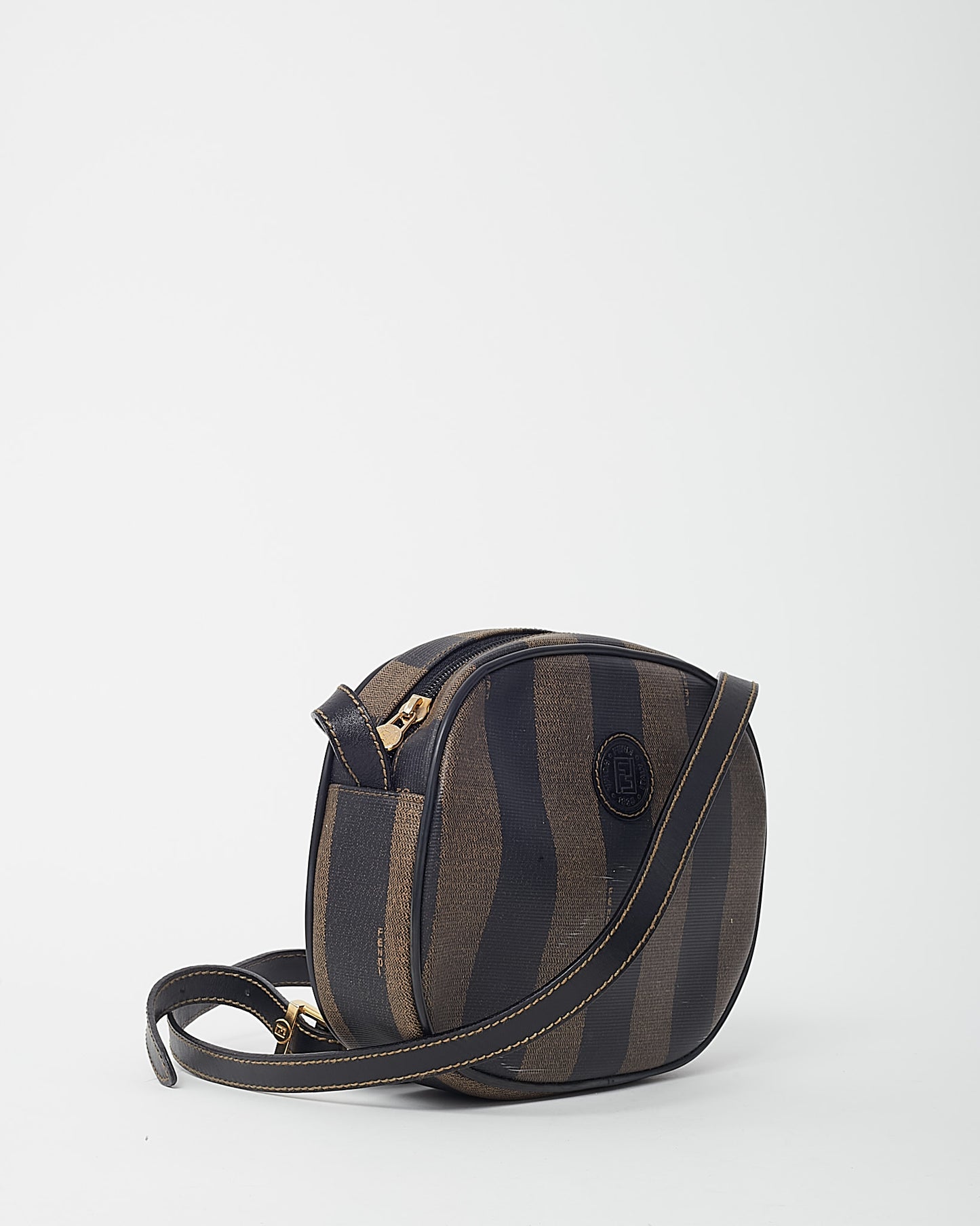 Fendi Vintage Brown Pequin Stripe Coated Canvas Mini Round Crossbody Bag