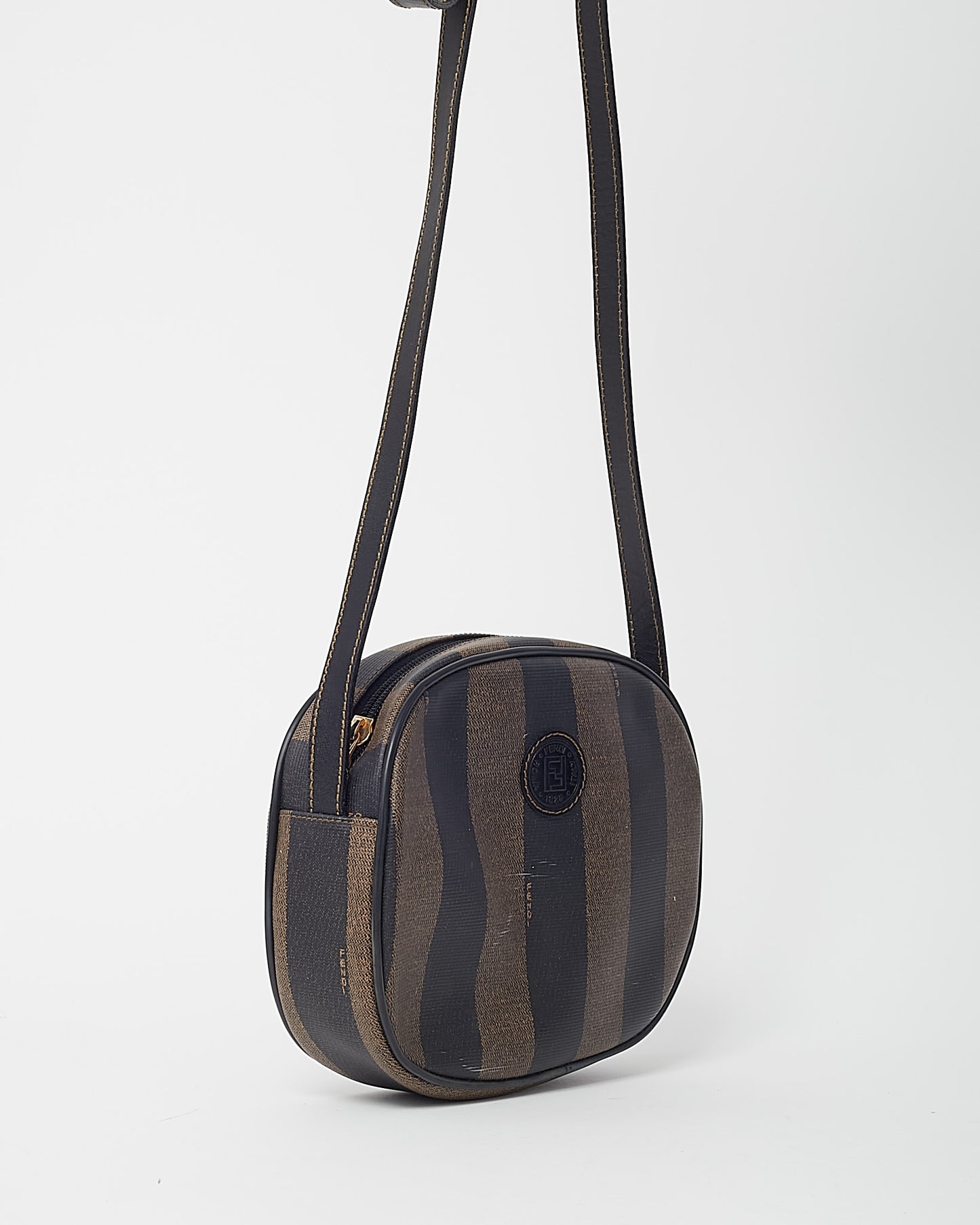 Fendi Vintage Brown Pequin Stripe Coated Canvas Mini Round Crossbody Bag