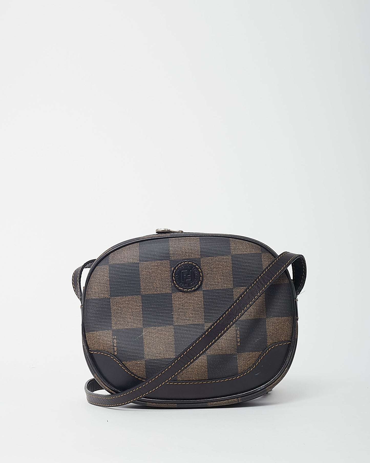 Fendi Vintage Brown Pequin Check Coated Canvas Mini Round Crossbody Bag