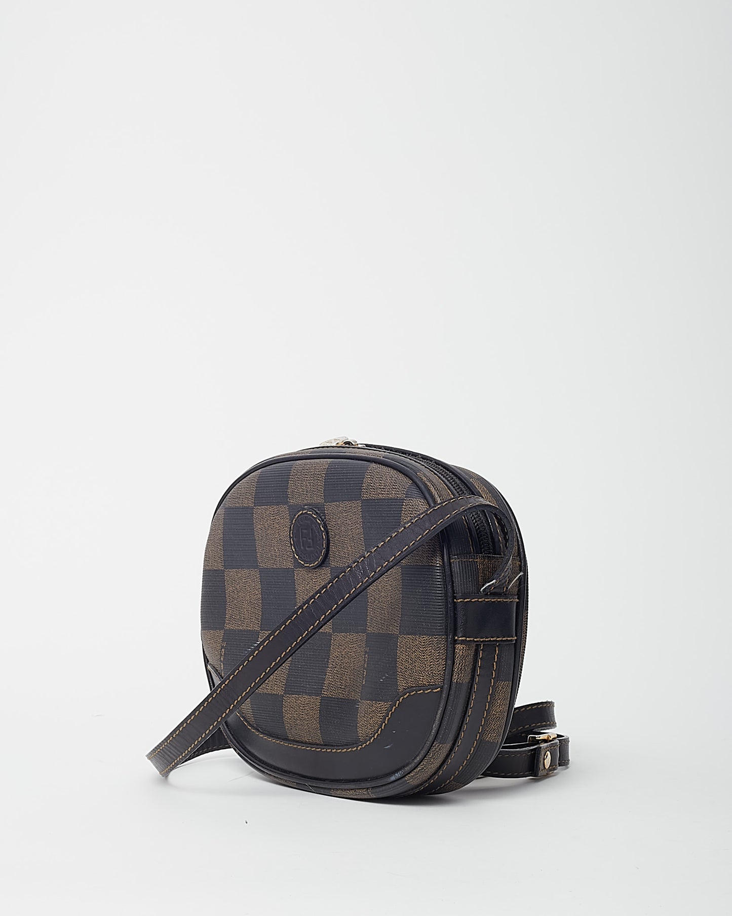 Fendi Vintage Brown Pequin Check Coated Canvas Mini Round Crossbody Bag