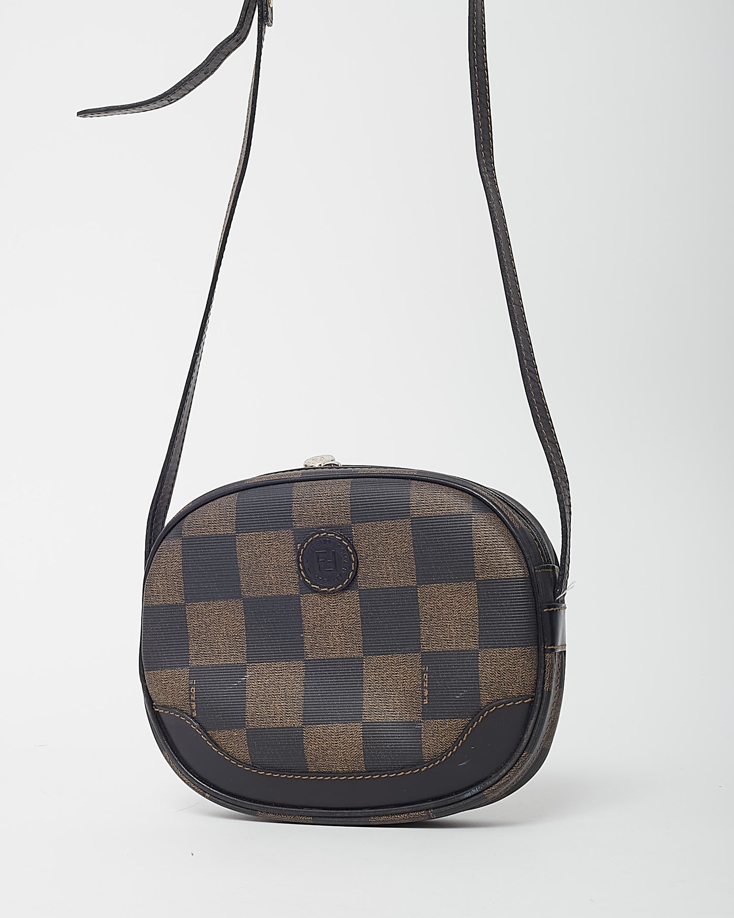 Fendi Vintage Brown Pequin Check Coated Canvas Mini Round Crossbody Bag