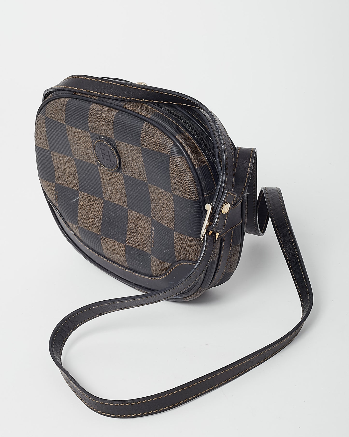 Fendi Vintage Brown Pequin Check Coated Canvas Mini Round Crossbody Bag