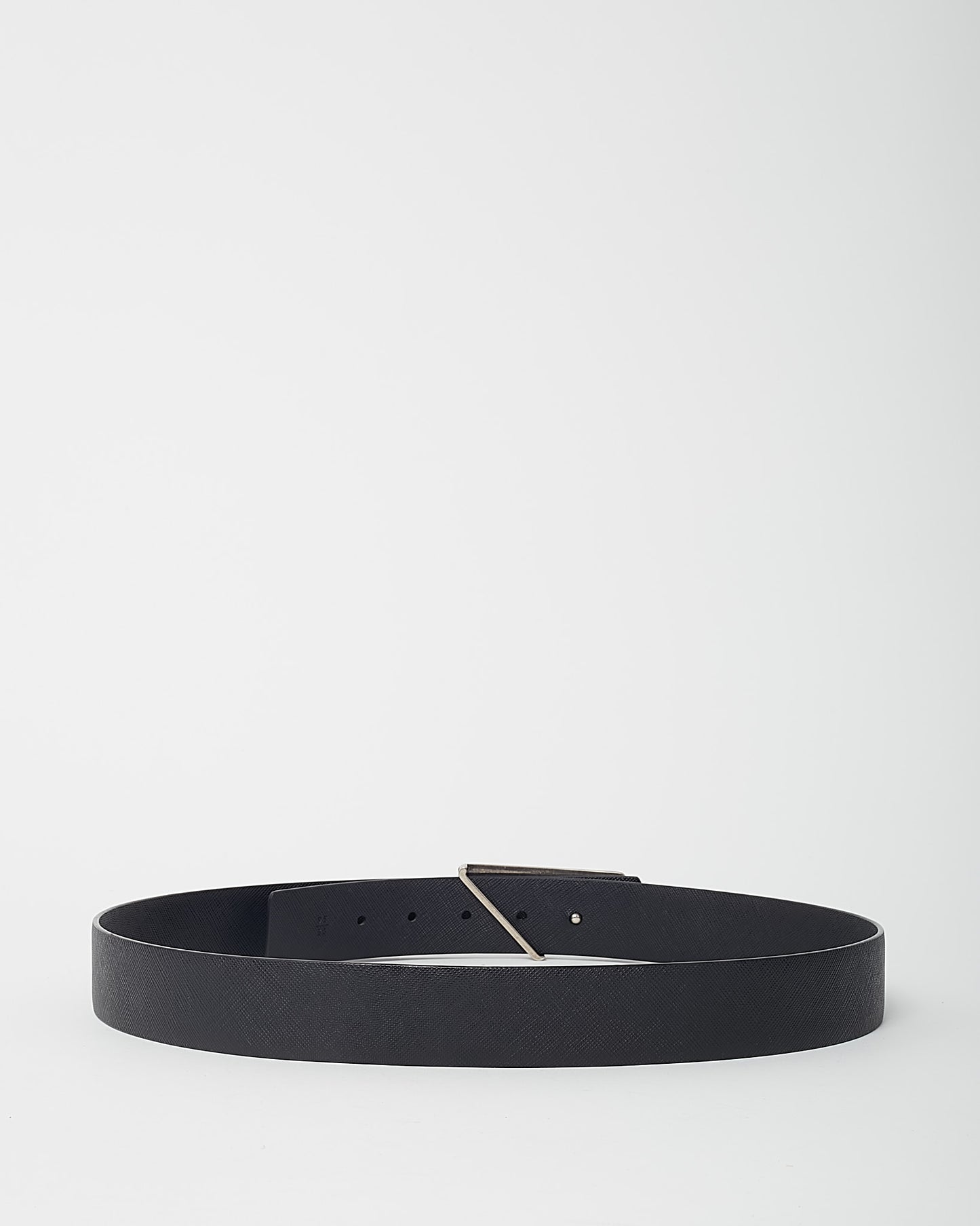 Prada Black Saffiano Leather Silver Triangle Fibbe Logo Buckle Belt - 95/34
