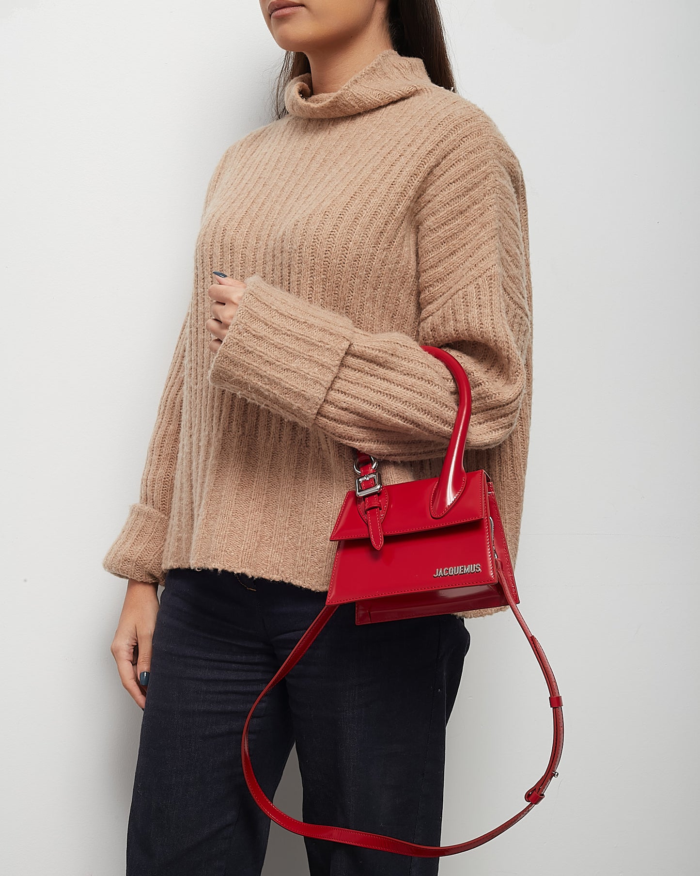 Jacquemus Red Leather Silver Buckle Handle Le Chiquito Moyen Crossbody Bag