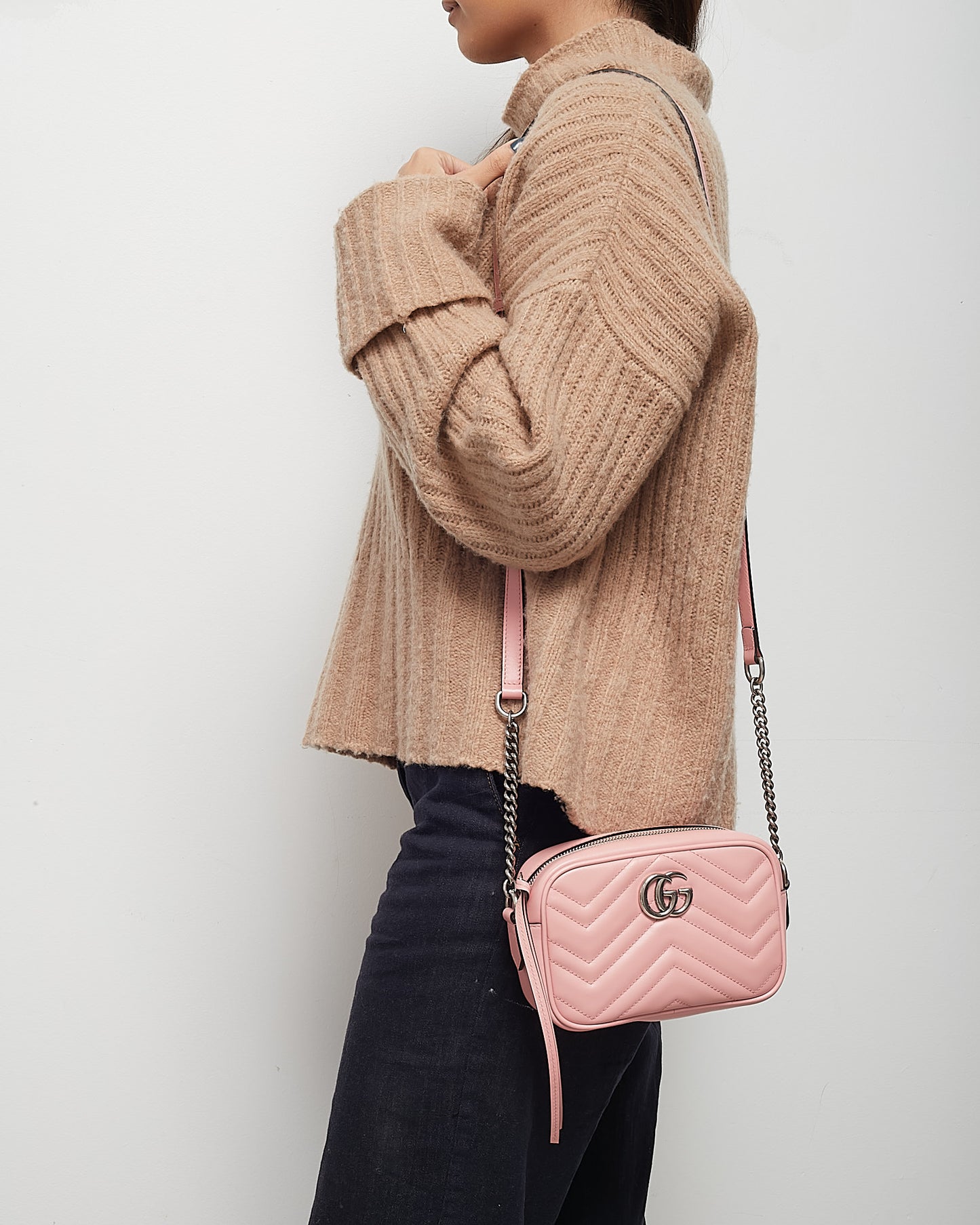 Gucci Pink Chevron Leather Mini Marmont Camera Bag SHW