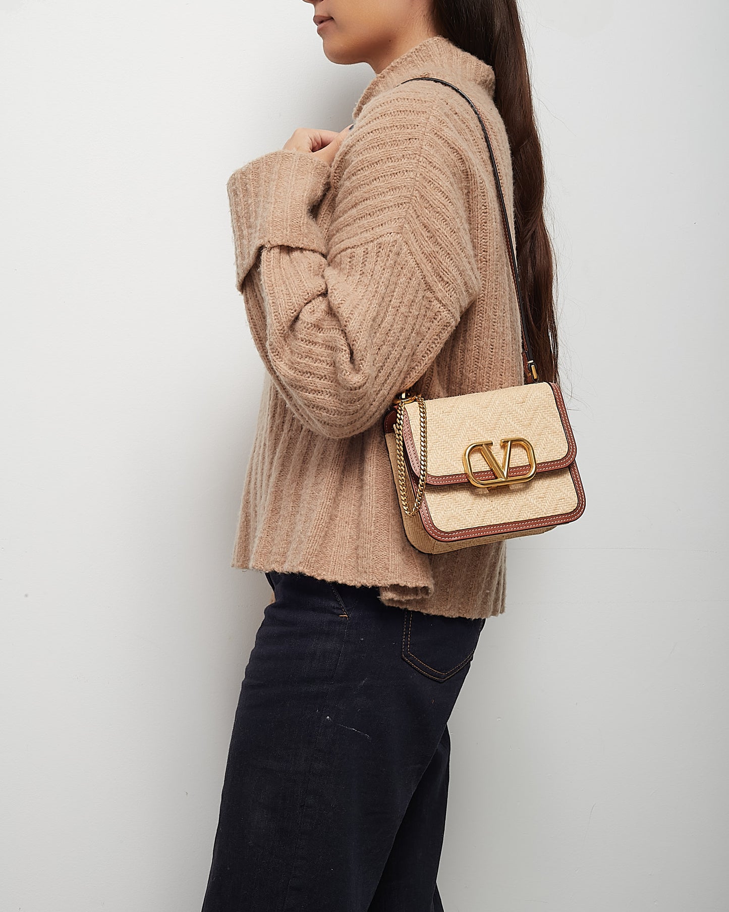Valentino Tan Leather and Beige Raffia VLOGO Square Crossbody Bag