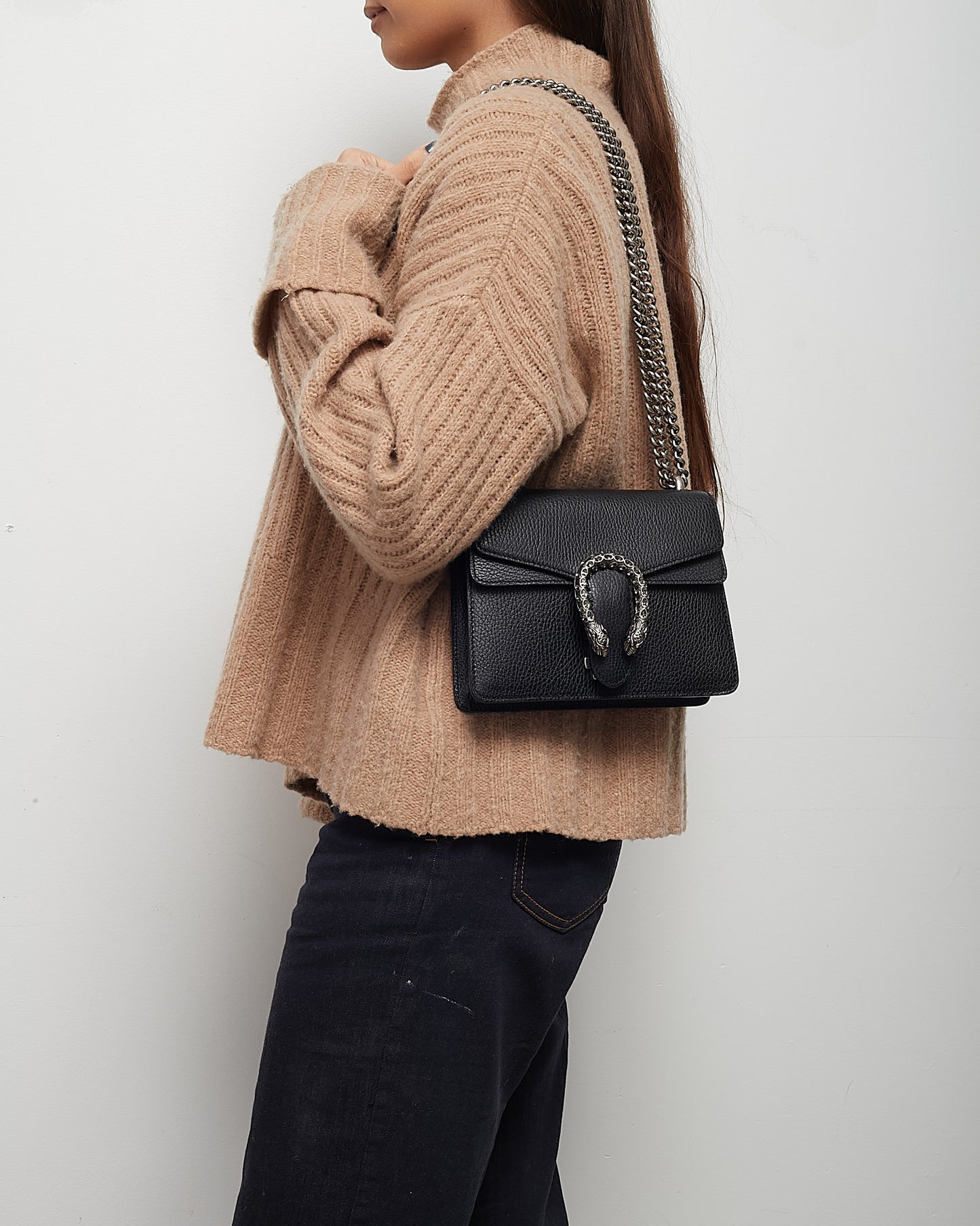 Gucci Black Pebbled Leather Mini Square Crystal Dionysus Shoulder Bag