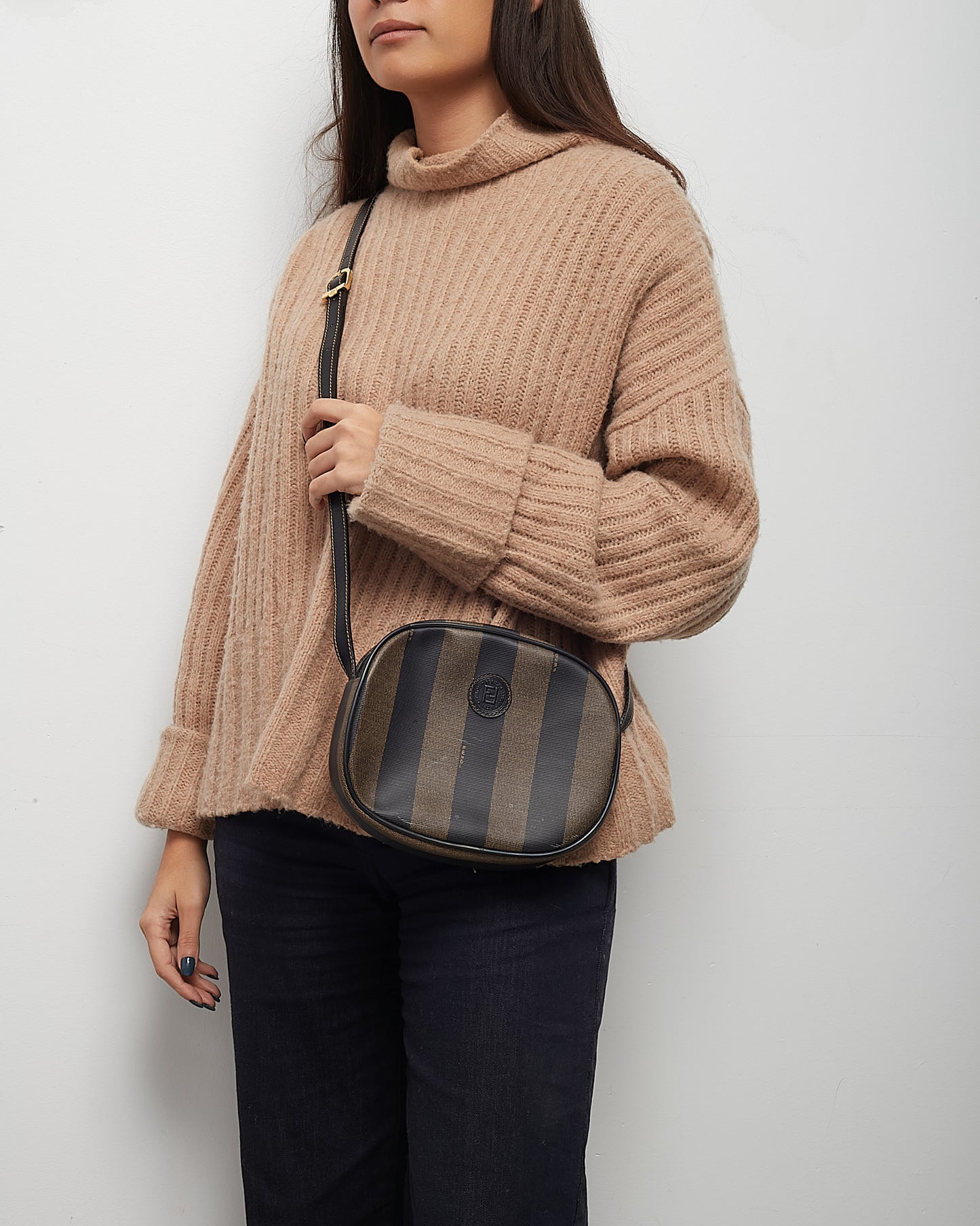 Fendi Vintage Brown Pequin Stripe Coated Canvas Mini Round Crossbody Bag