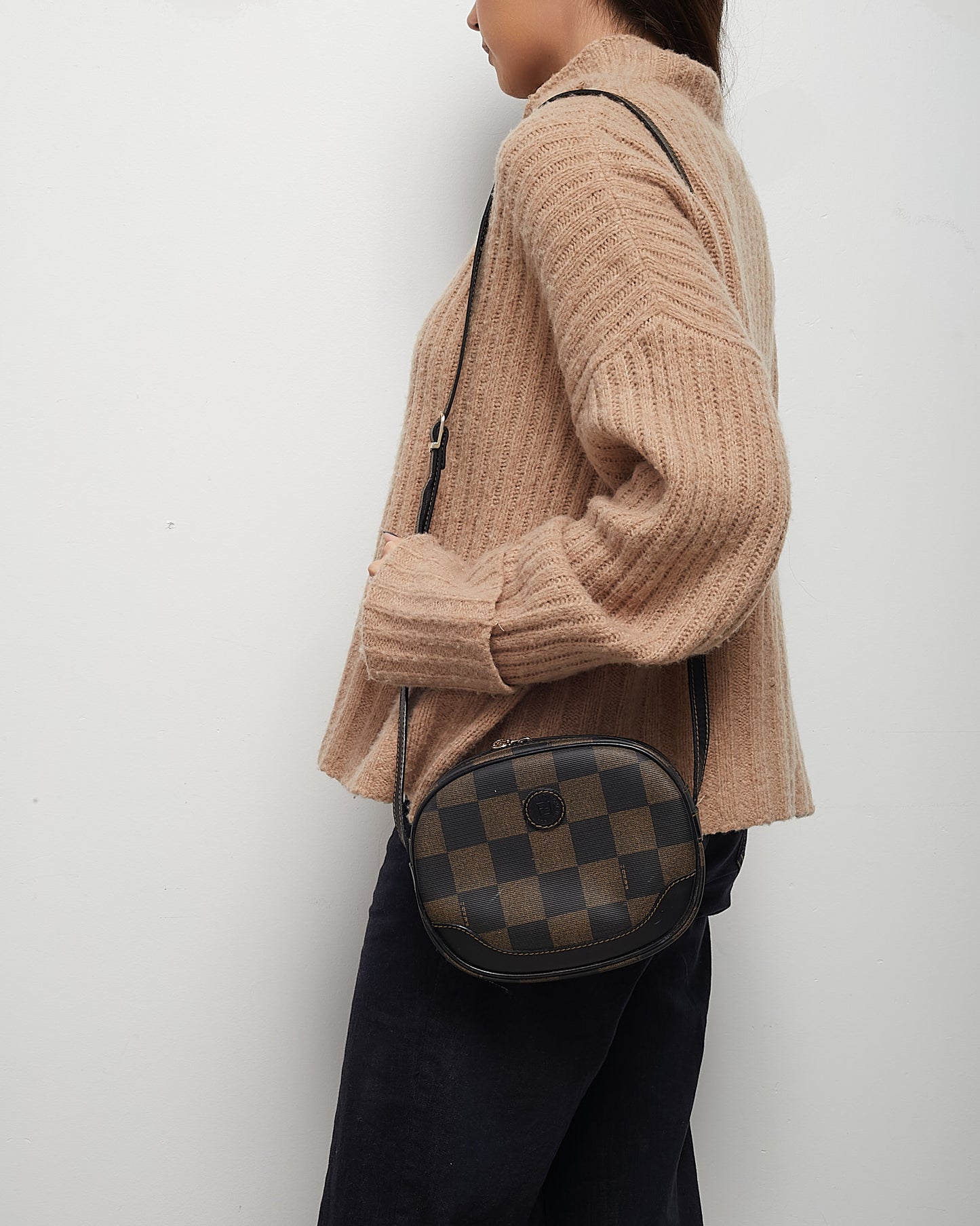 Fendi Vintage Brown Pequin Check Coated Canvas Mini Round Crossbody Bag