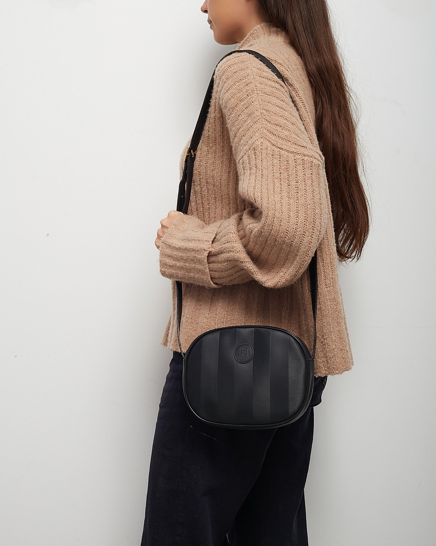 Fendi Vintage Black Pequin Stripe Coated Canvas Mini Round Crossbody Bag