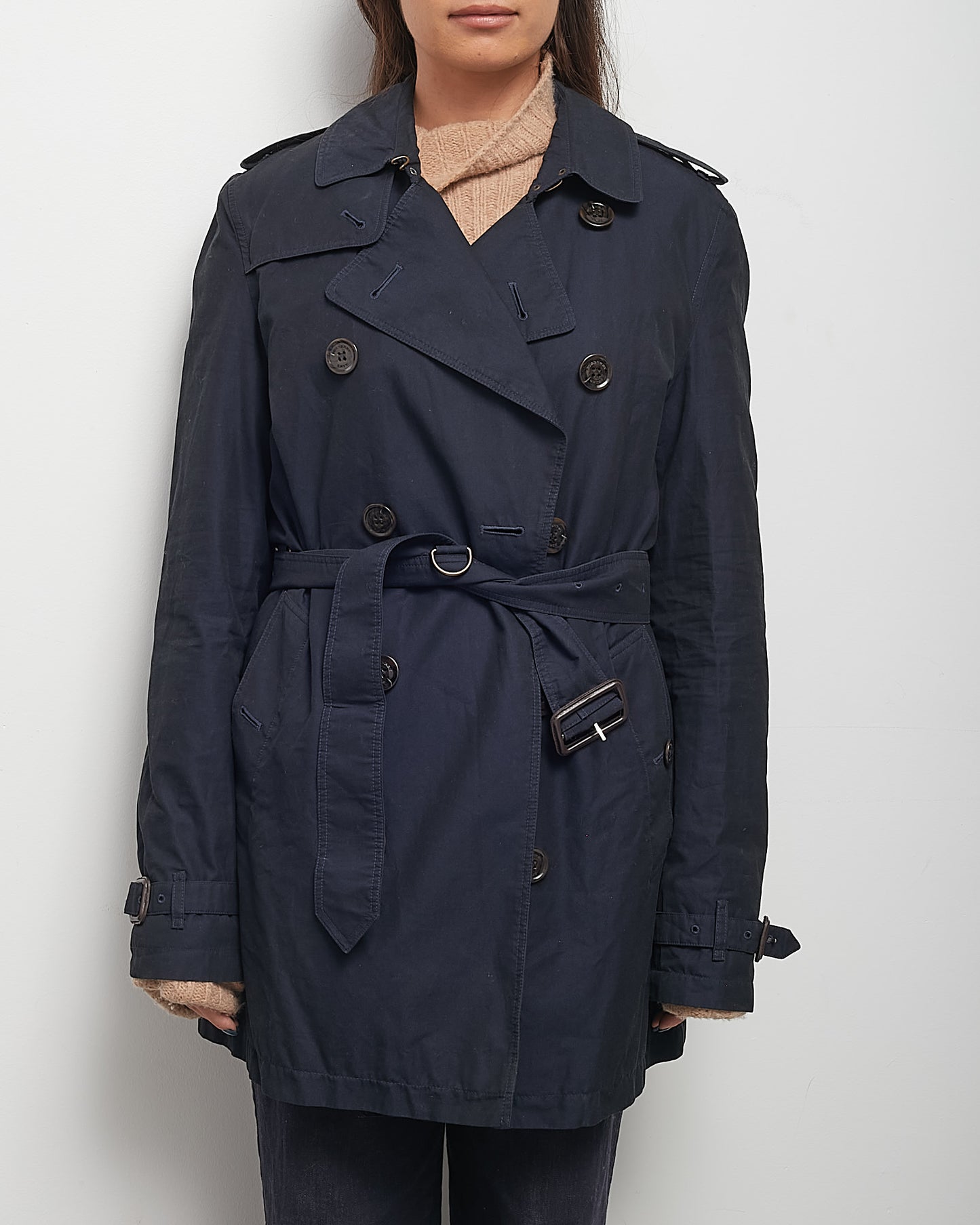 Burberry Navy Gabardine Mid-Length Belted Trench Coat - S