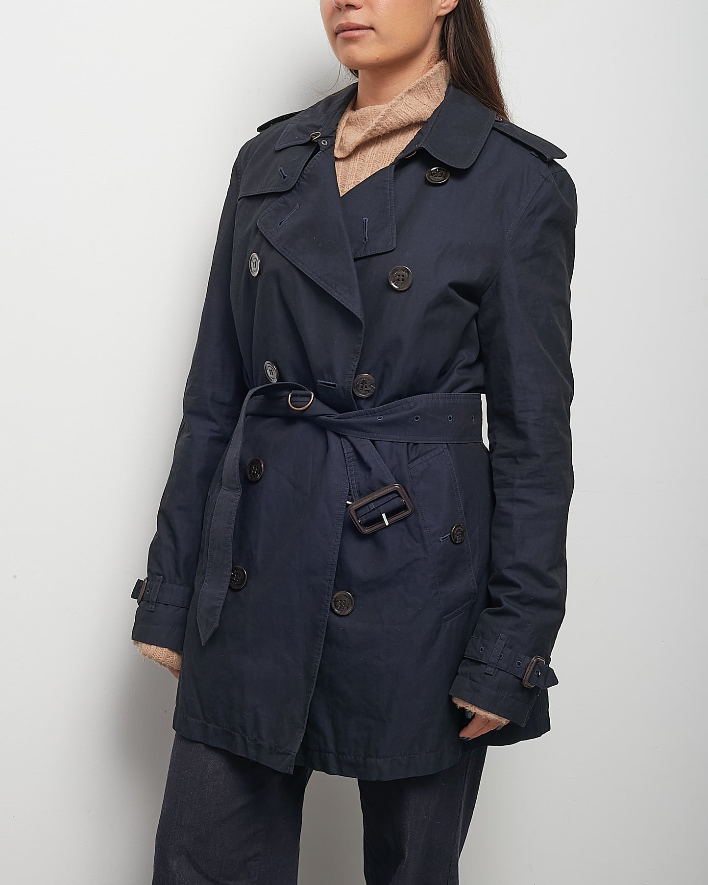 Burberry Navy Gabardine Mid-Length Belted Trench Coat - S