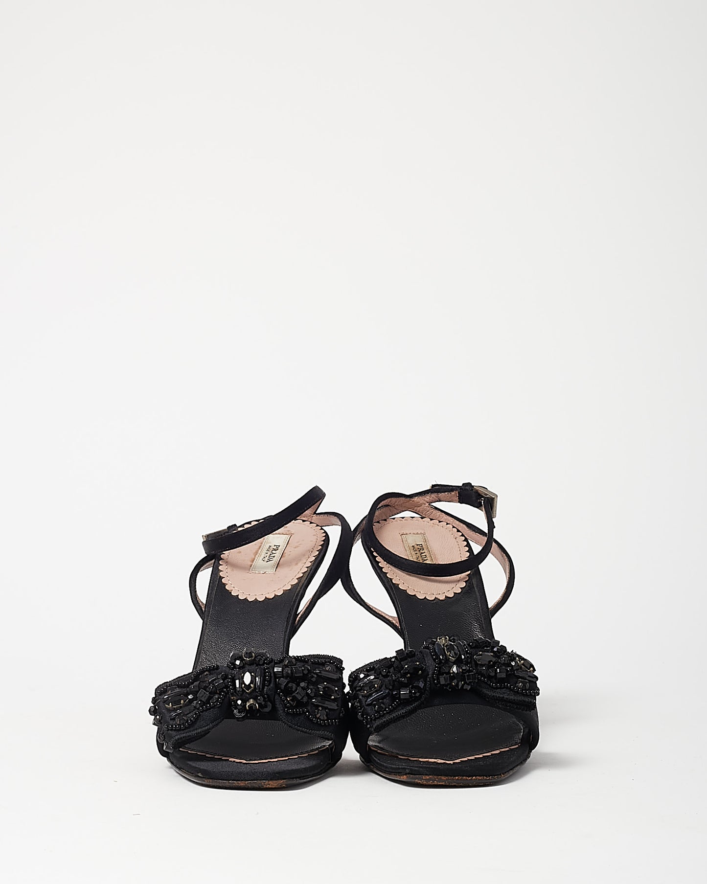 Prada Vintage Black Satin Crystal Bow Stiletto Sandals - 35