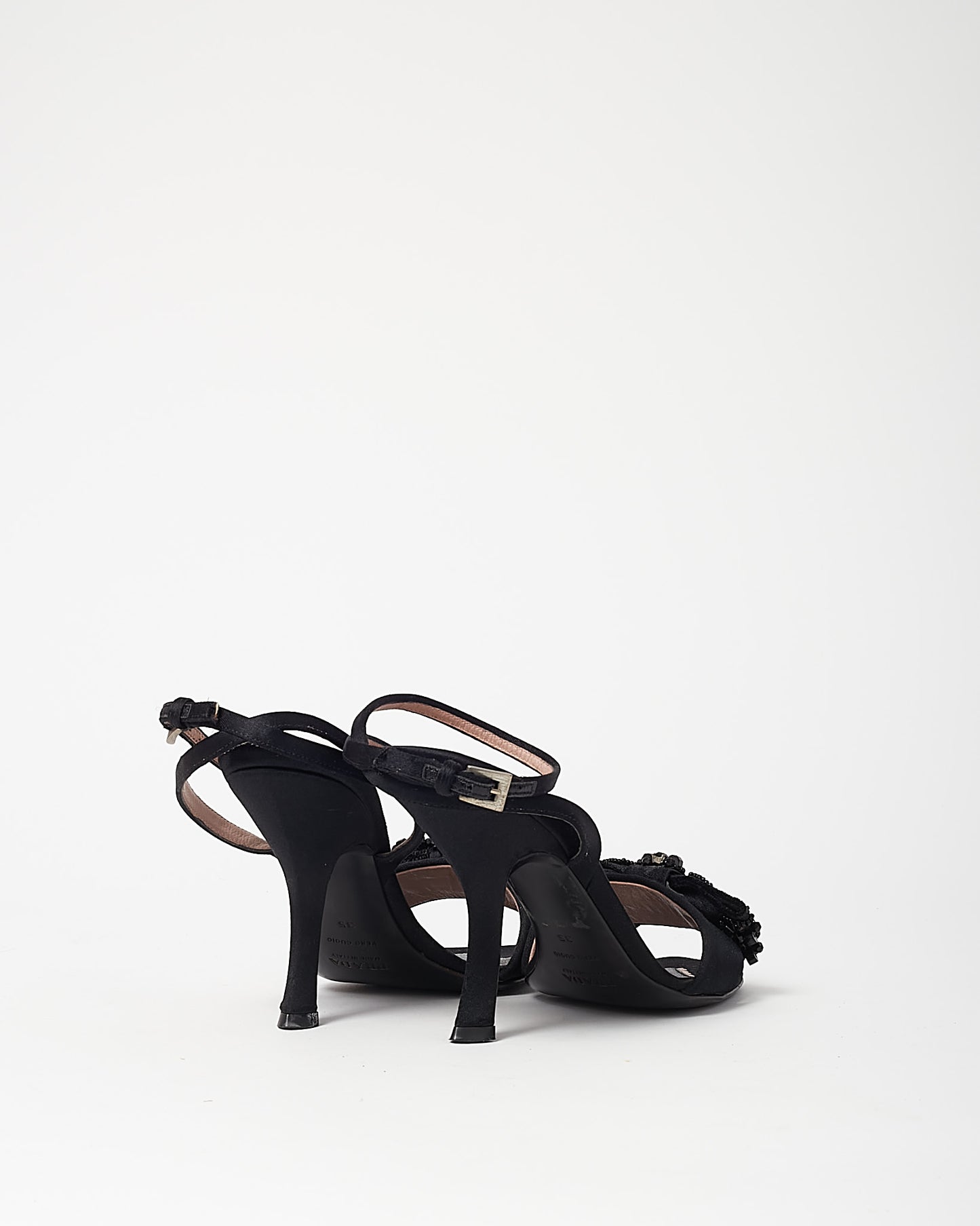 Prada Vintage Black Satin Crystal Bow Stiletto Sandals - 35