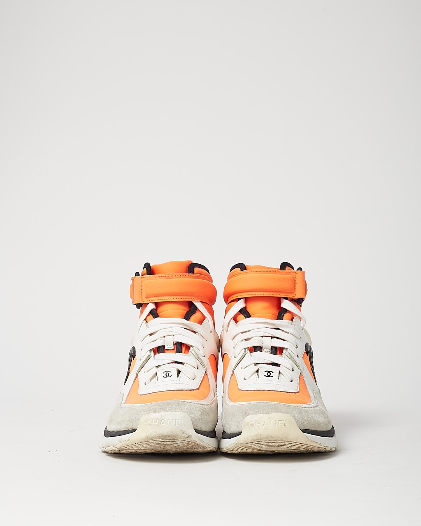 Chanel Orange/White/Black Suede Calfskin Lambskin Neoprene High Top CC Sneakers - 38