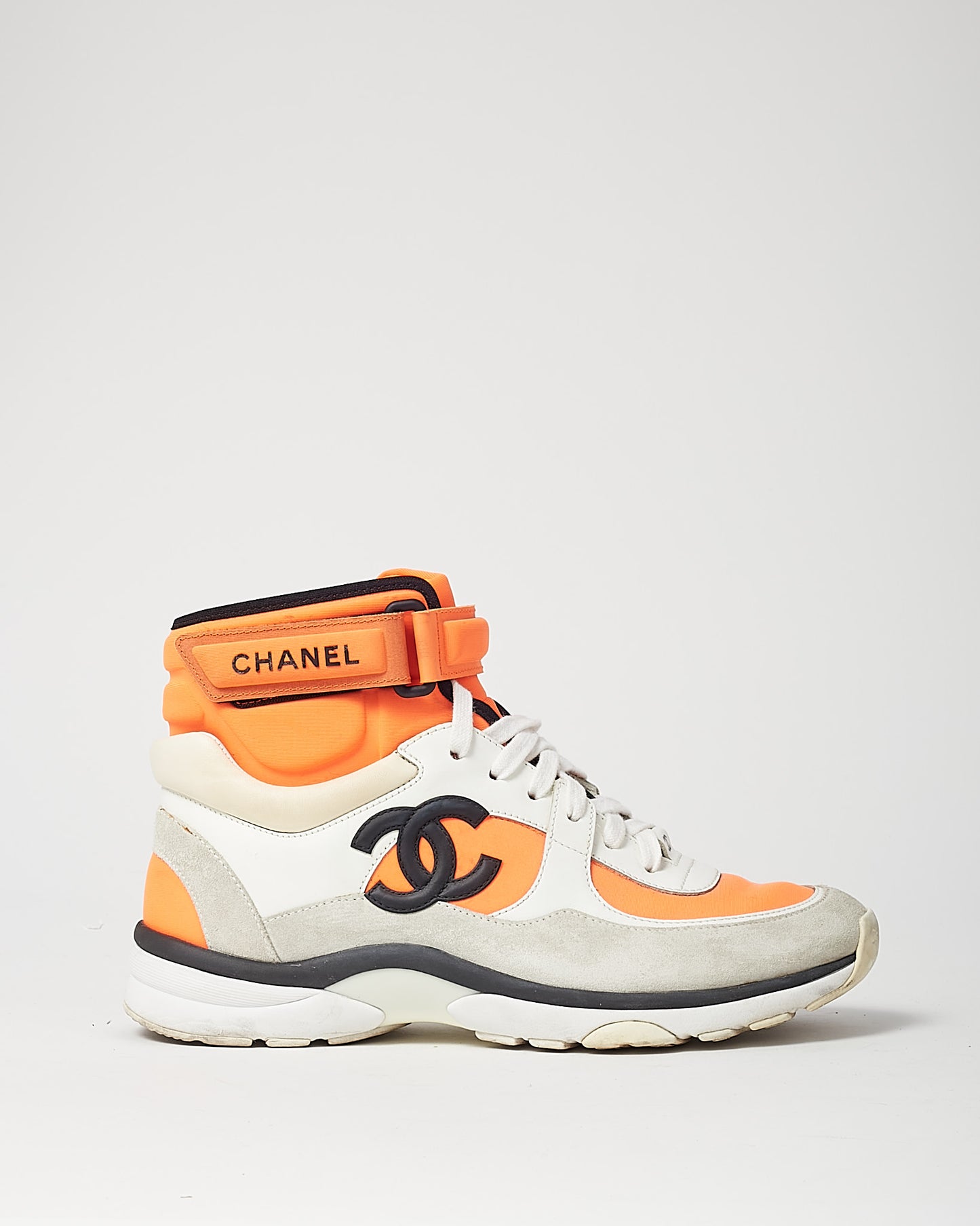 Chanel Orange/White/Black Suede Calfskin Lambskin Neoprene High Top CC Sneakers - 38