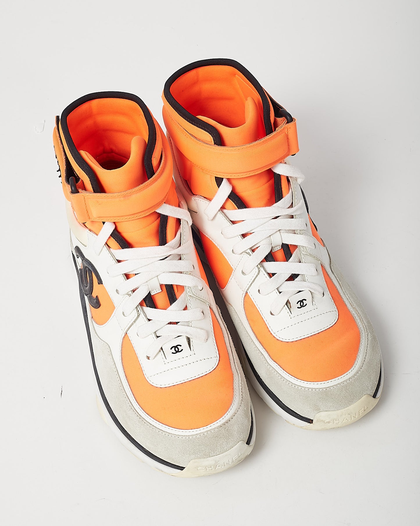 Chanel Orange/White/Black Suede Calfskin Lambskin Neoprene High Top CC Sneakers - 38