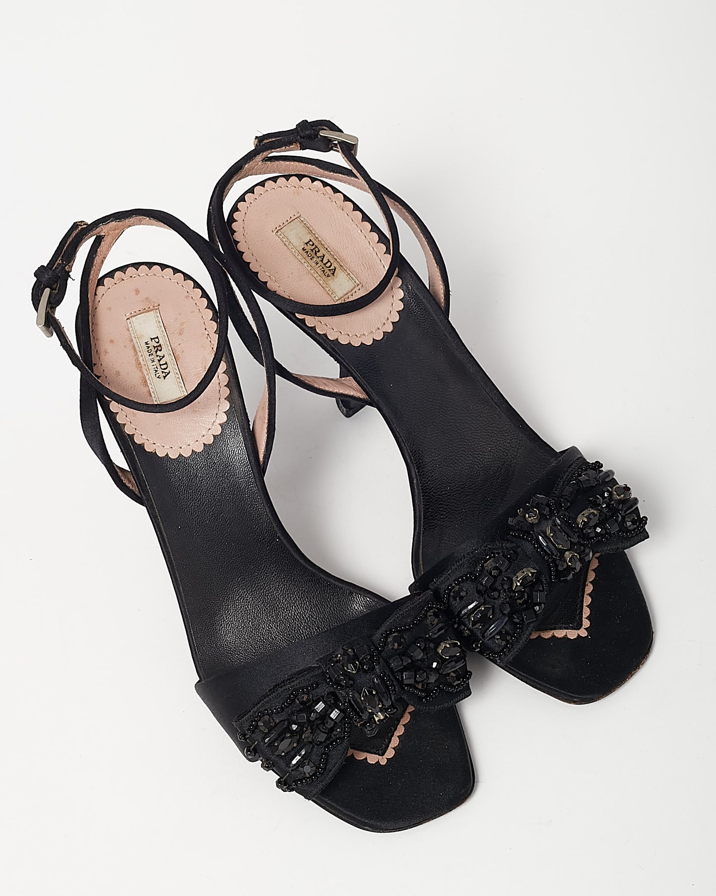 Prada Vintage Black Satin Crystal Bow Stiletto Sandals - 35