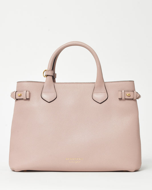 Burberry Pink Grained Leather and Beige Check Medium Banner Tote with Strap