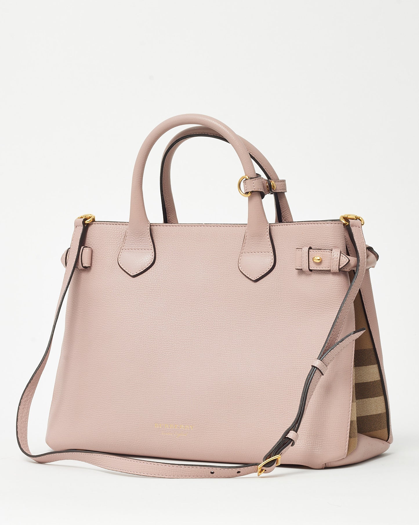 Burberry Pink Grained Leather and Beige Check Medium Banner Tote with Strap