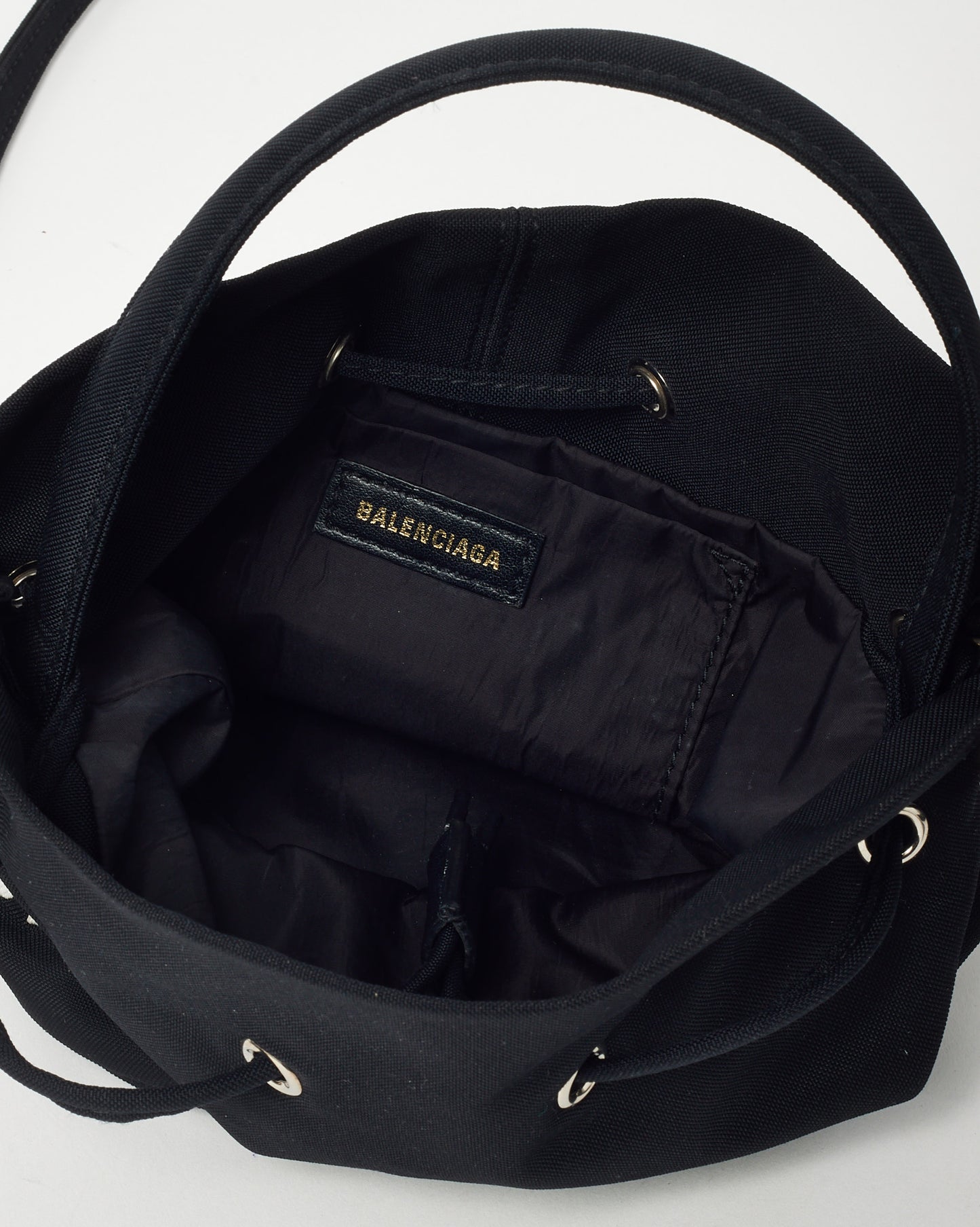 Balenciaga Black Nylon White Logo Wheel Drawstring XS Bucket Bag with Strap
