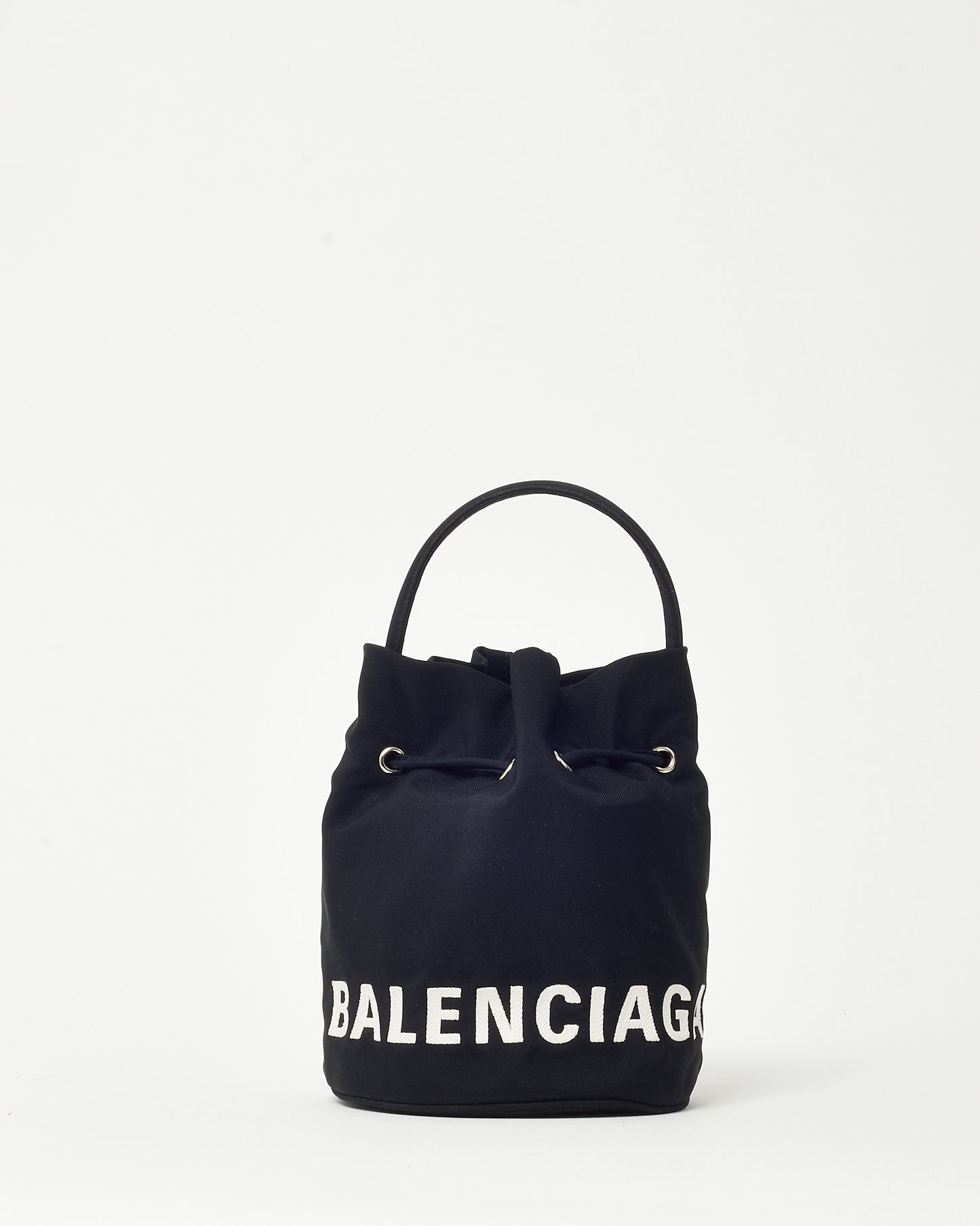 Balenciaga Black Nylon White Logo Wheel Drawstring XS Bucket Bag with Strap