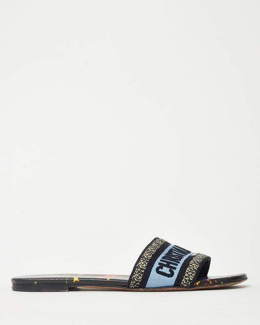 Dior Black Multi Constellation Blue/Blue Embroidered Cotton DWay Slides - 38