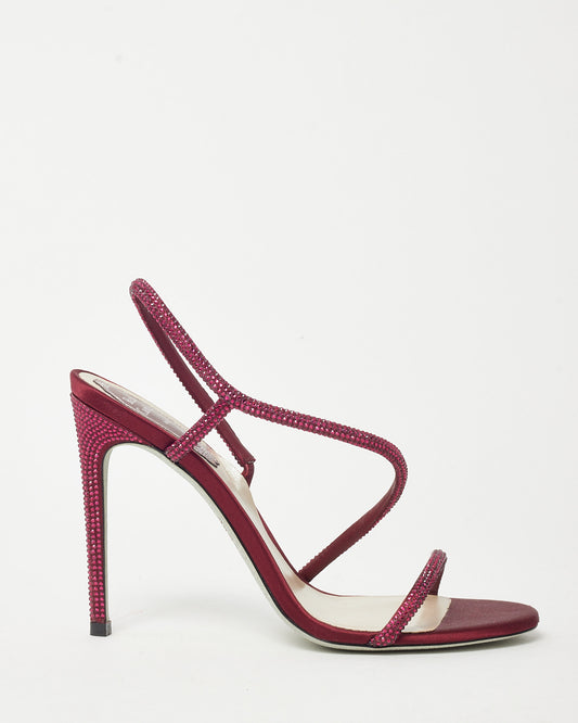 Rene Caovilla Red Burgundy Satin Crystal Irina Stiletto Sandals - 37.5