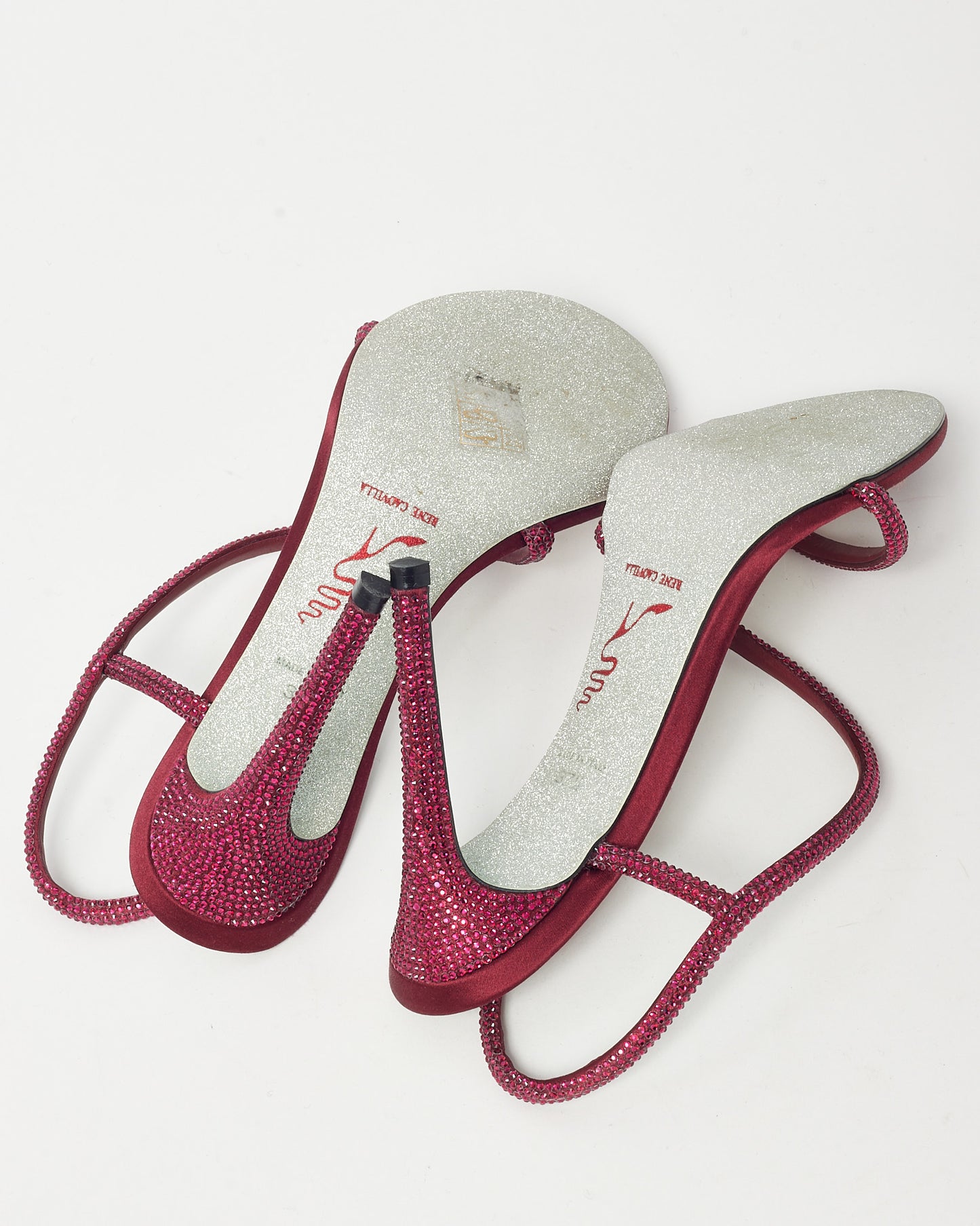 Rene Caovilla Red Burgundy Satin Crystal Irina Stiletto Sandals - 37.5