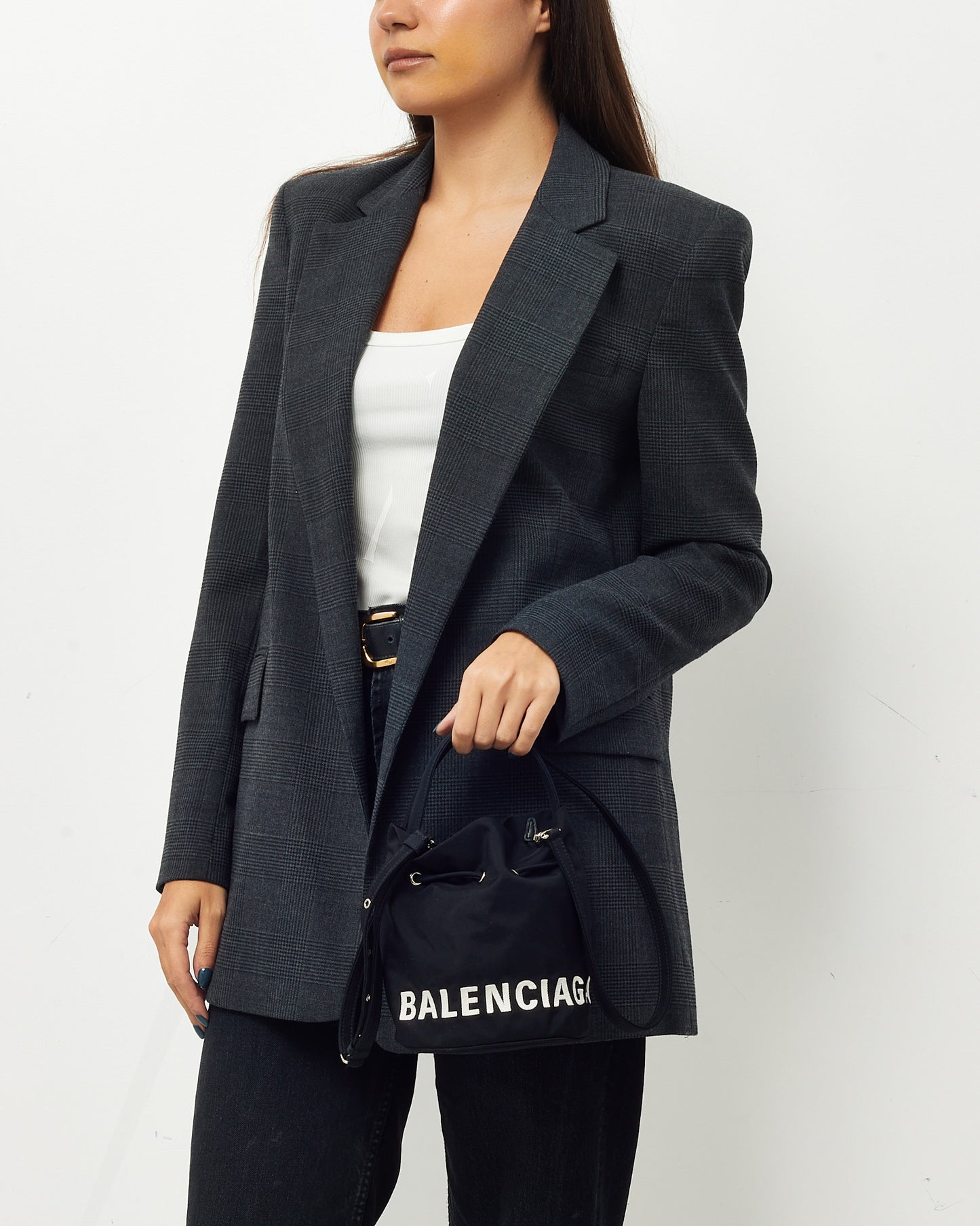 Balenciaga Black Nylon White Logo Wheel Drawstring XS Bucket Bag with Strap