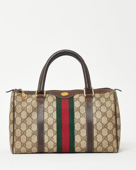 Gucci Vintage Beige and Brown GG Monogram Coated Canvas Web Boston Bag