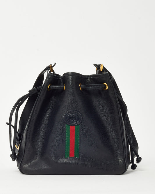 Gucci Vintage Black Leather GG Logo Sherry Line Web Bucket Bag
