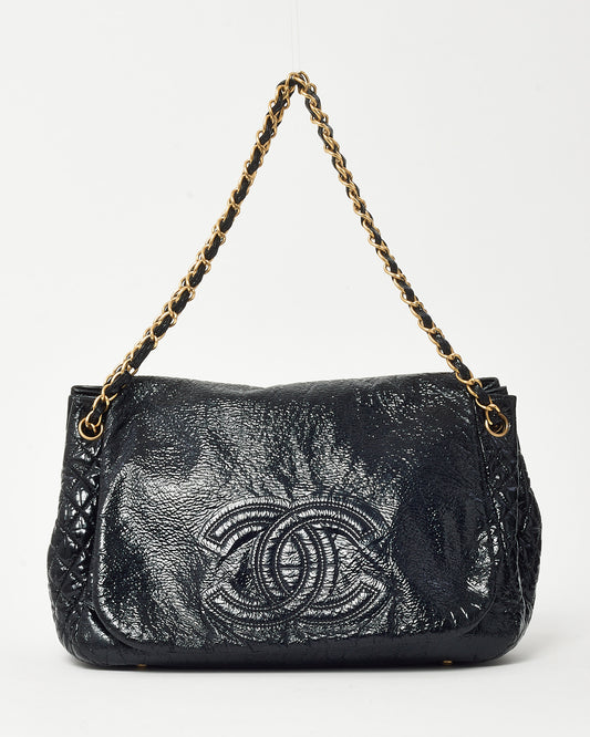 Chanel Black Shiny Puffy Patent Leather CC Logo Rock and Chain XL Flap Bag GHW