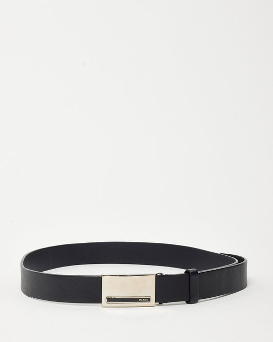 Prada Black Leather Silver Square Logo Buckle Belt - 100/40