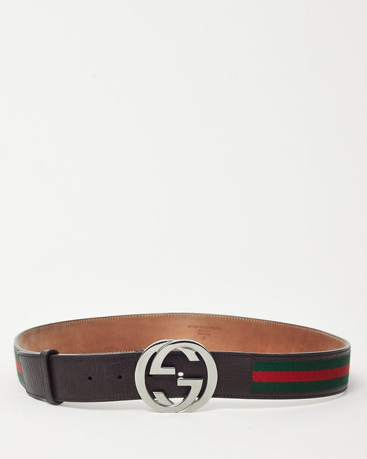 Gucci Brown Leather and Red/Green Web Stripe Canvas Interlocking G Belt SHW - 100/40