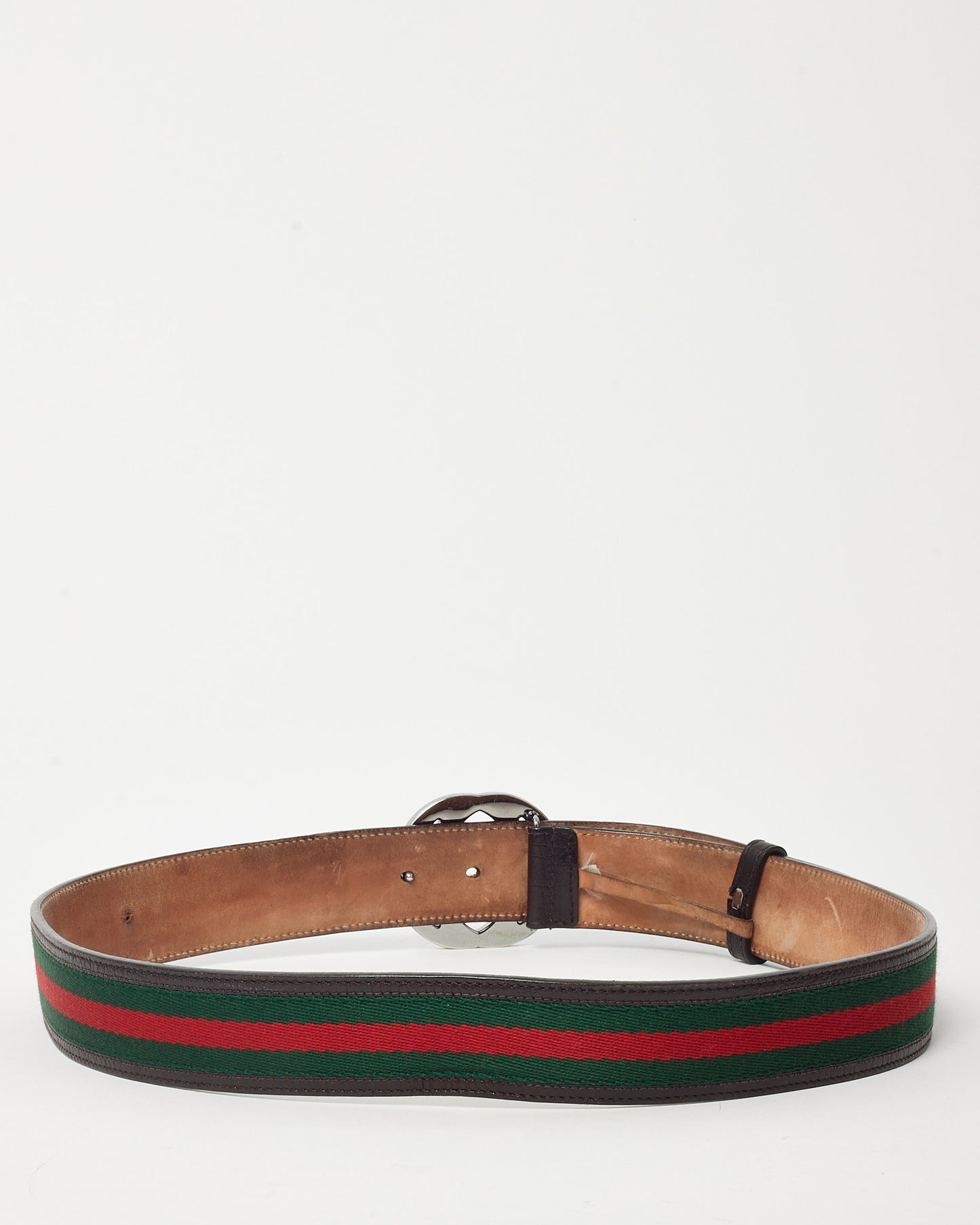 Gucci Brown Leather and Red/Green Web Stripe Canvas Interlocking G Belt SHW - 100/40