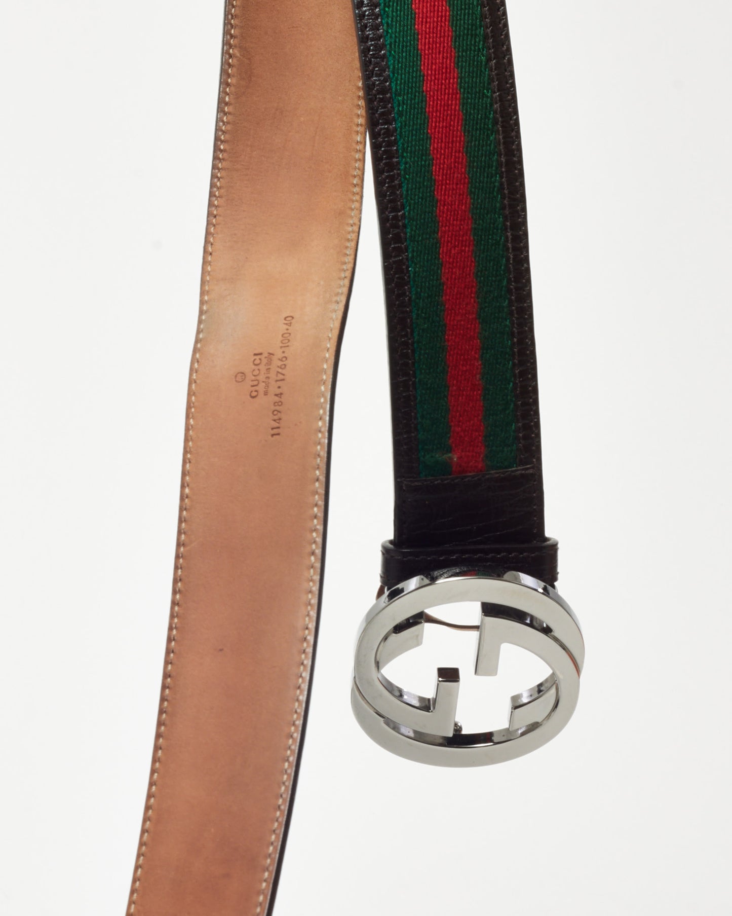 Gucci Brown Leather and Red/Green Web Stripe Canvas Interlocking G Belt SHW - 100/40