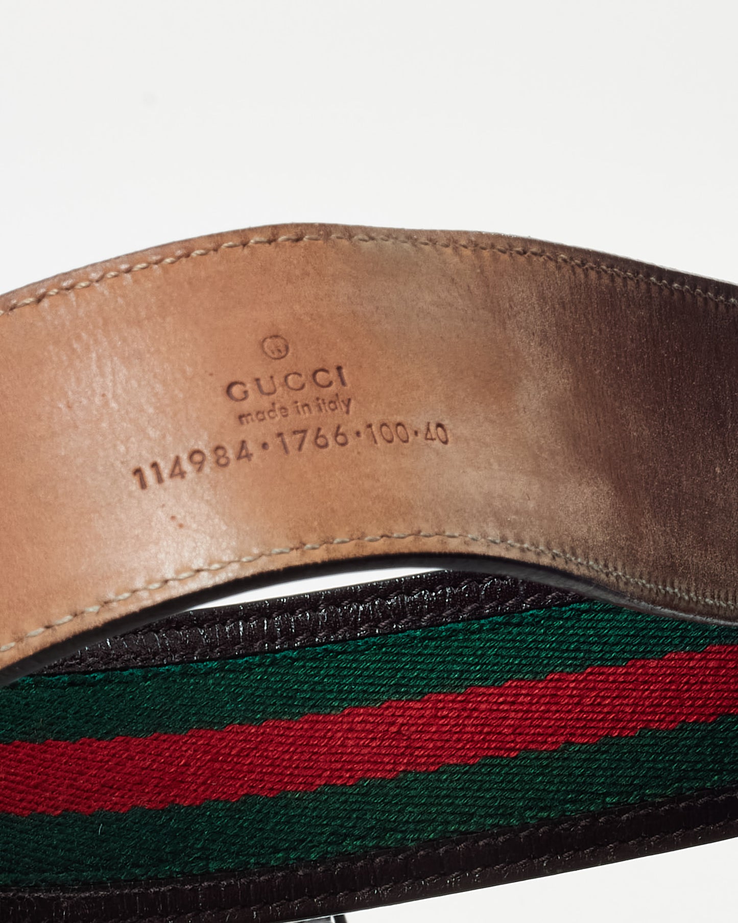 Gucci Brown Leather and Red/Green Web Stripe Canvas Interlocking G Belt SHW - 100/40