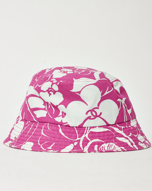 Bob en coton Chanel rose et blanc à logo CC floral - Taille L