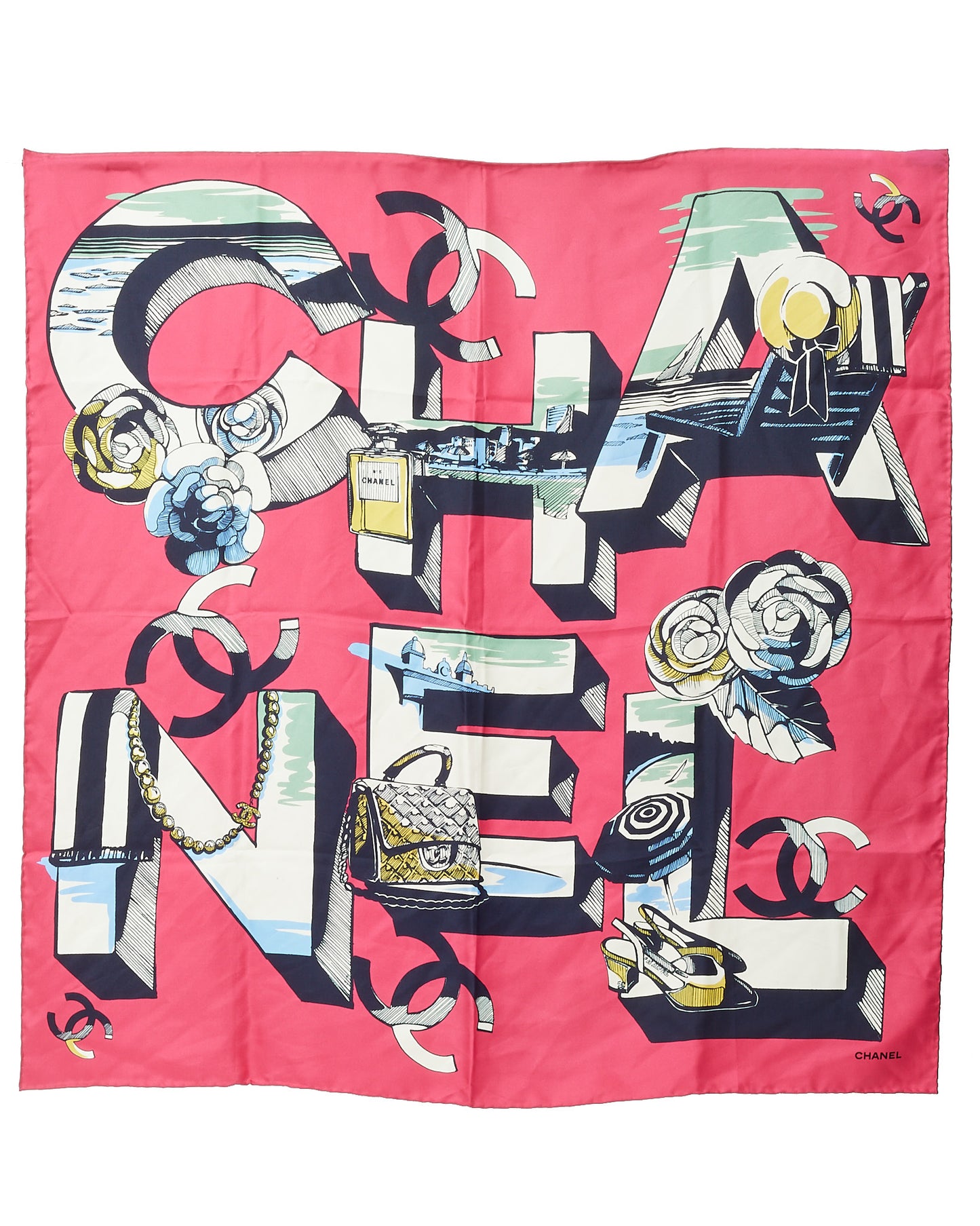 Chanel Fuchsia Pink and Blue/Multi CHANEL Logo Printed 90cm Silk Scarf Scarf