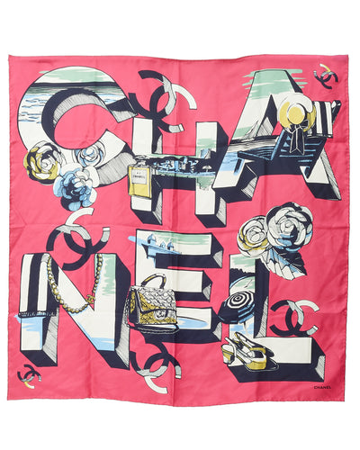 Chanel Fuchsia Pink and Blue/Multi CHANEL Logo Printed 90cm Silk Scarf Scarf